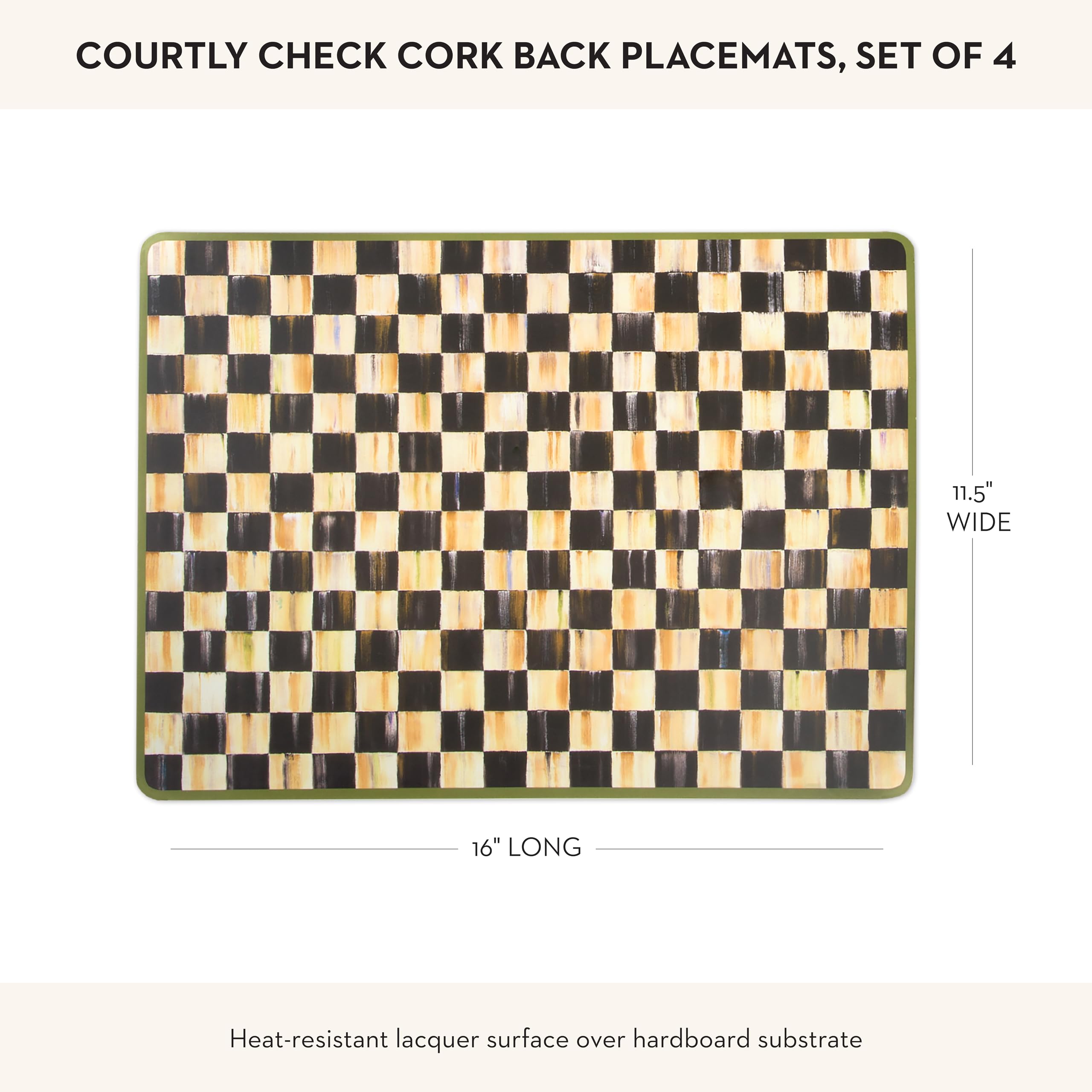 MACKENZIE-CHILDS Washable Cork-Back Placemats Set of 4 - Black and White Courtly Check Table Mats for Dining, Kitchen, and Party Decor