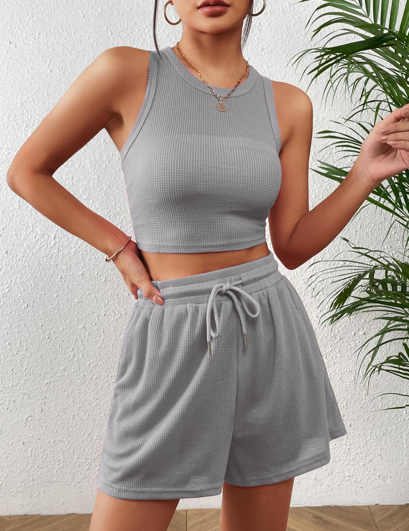 Zeagoo Women's 2-Piece Summer Lounge Set - Waffle Knit Sleeveless Crop Top & Shorts with Pocket | Casual Outfit, Yoga Wear, Home Comfort, Beach Cover-Up