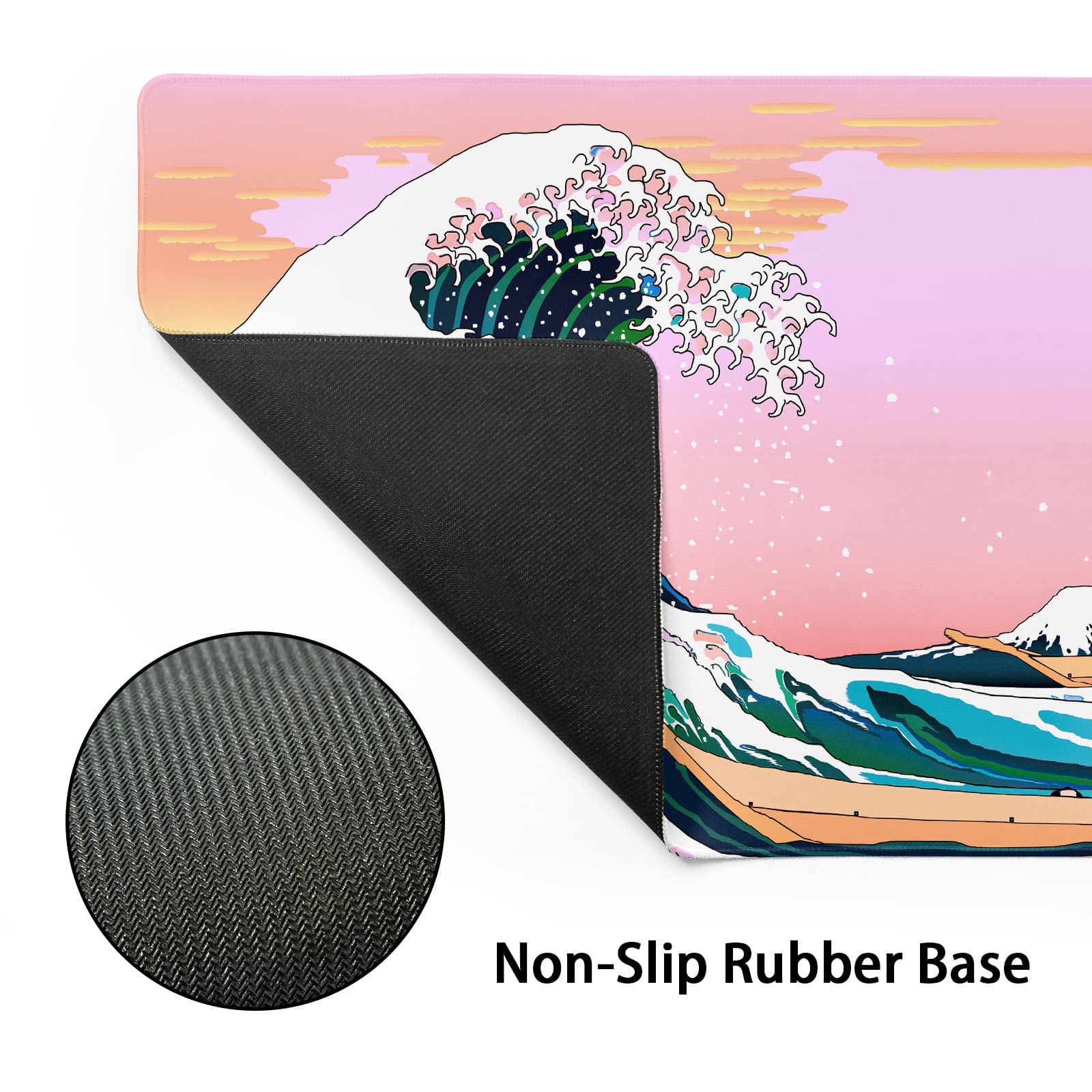 Kawaii Pink Japanese Wave Aesthetic Mouse Pad - Non-Slip Rubber Base XXL Extended Desk Mat (90x40cm/35.4x15.7in) for Gaming, Office & Computer Use - Perfect for Laptop, Keyboard & Desktop Workspace Decor