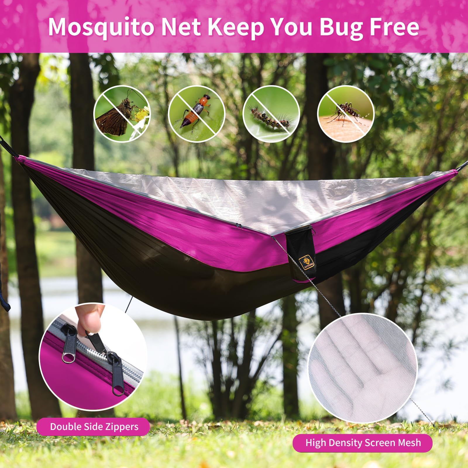 Portable Camping Hammock with Mosquito Net - Lightweight Nylon Parachute Hammock with 10ft Tree Straps - Perfect for Travel, Hiking, Backpacking, Beach & Patio (Black & Pink) - Ideal for Outdoor Adventures, Backyard Relaxation & Summer Camping Trips