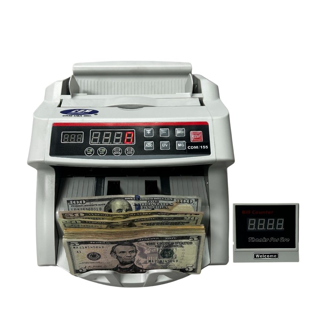 CDM-155 Advanced Bill Counter Machine with UV/MG/DD/DBL/HLF/CHN Counterfeit Detection - Add & Batch Modes - High Speed Money Counting for Banks, Retail Stores & Cash Offices | Fast & Accurate Currency Counter for USD Bills