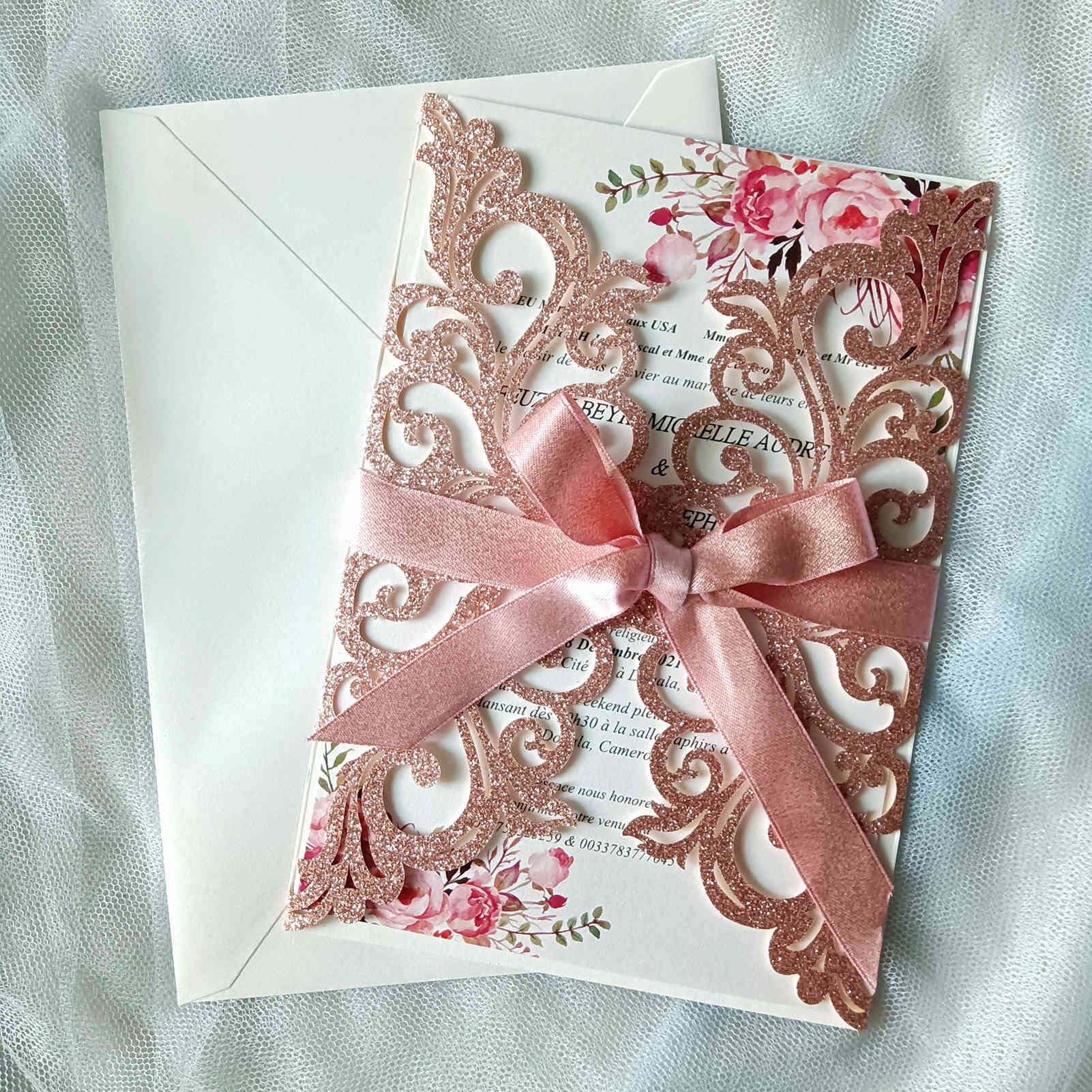 25PCS Rose Gold Laser Cut Wedding Invitation Cards with Envelopes - Blank Inner Sheets & Ribbons - Perfect for Wedding, Bridal Shower, Quinceañera, Engagement & Birthday Invites - Elegant Rose Gold Glitter Design - Great for DIY Crafting & Special Events