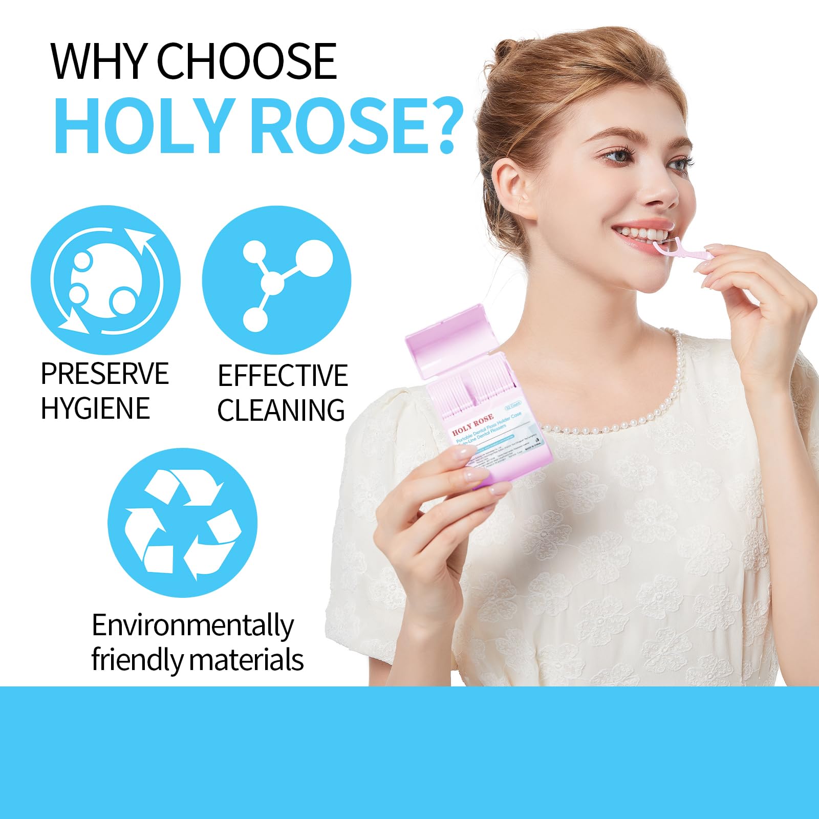 Holy Rose Pink Dental Floss Picks - 104 Count Mint Flavored Twin Line Flossers with 2 Travel Cases | Oral Care Tool for Clean & Fresh Teeth | Perfect for Travel, Home & Office Use