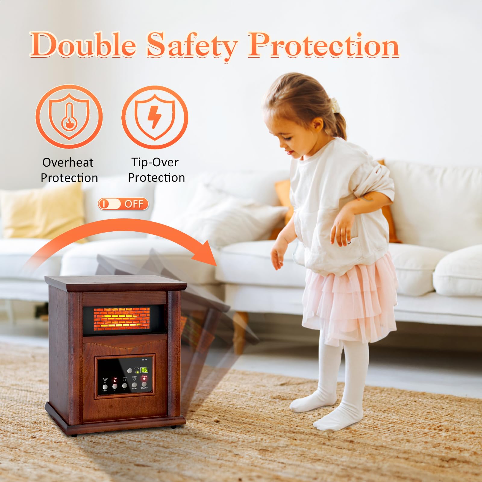 Lifeplus 1500W Electric Infrared Space Heater with Remote Control - 3 Heat Settings & 12H Timer, Overheat & Tip-Over Protection - Fast Heating for Large Rooms, Basements, Offices & Bedrooms - Energy Efficient Indoor Quartz Heater for Winter & Cold Weather Use