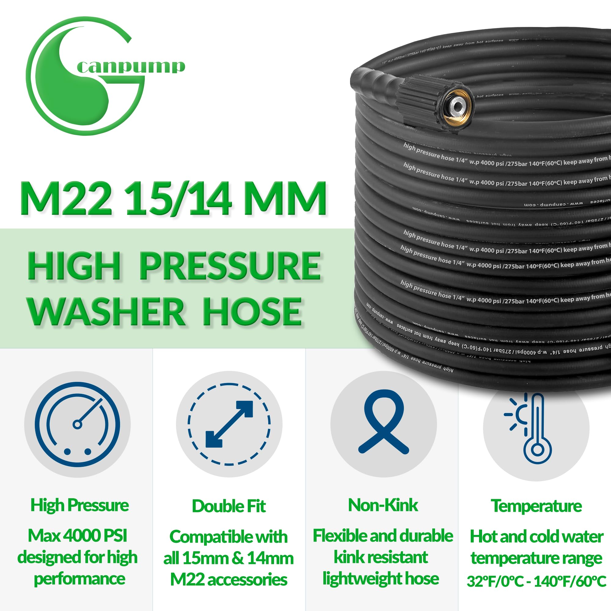 1/4 Inch High-Pressure Cold Water Black Hose - 4000 PSI, M22 Connector, 50 Feet - Perfect for Pressure Washers, Car Washing & Industrial Cleaning