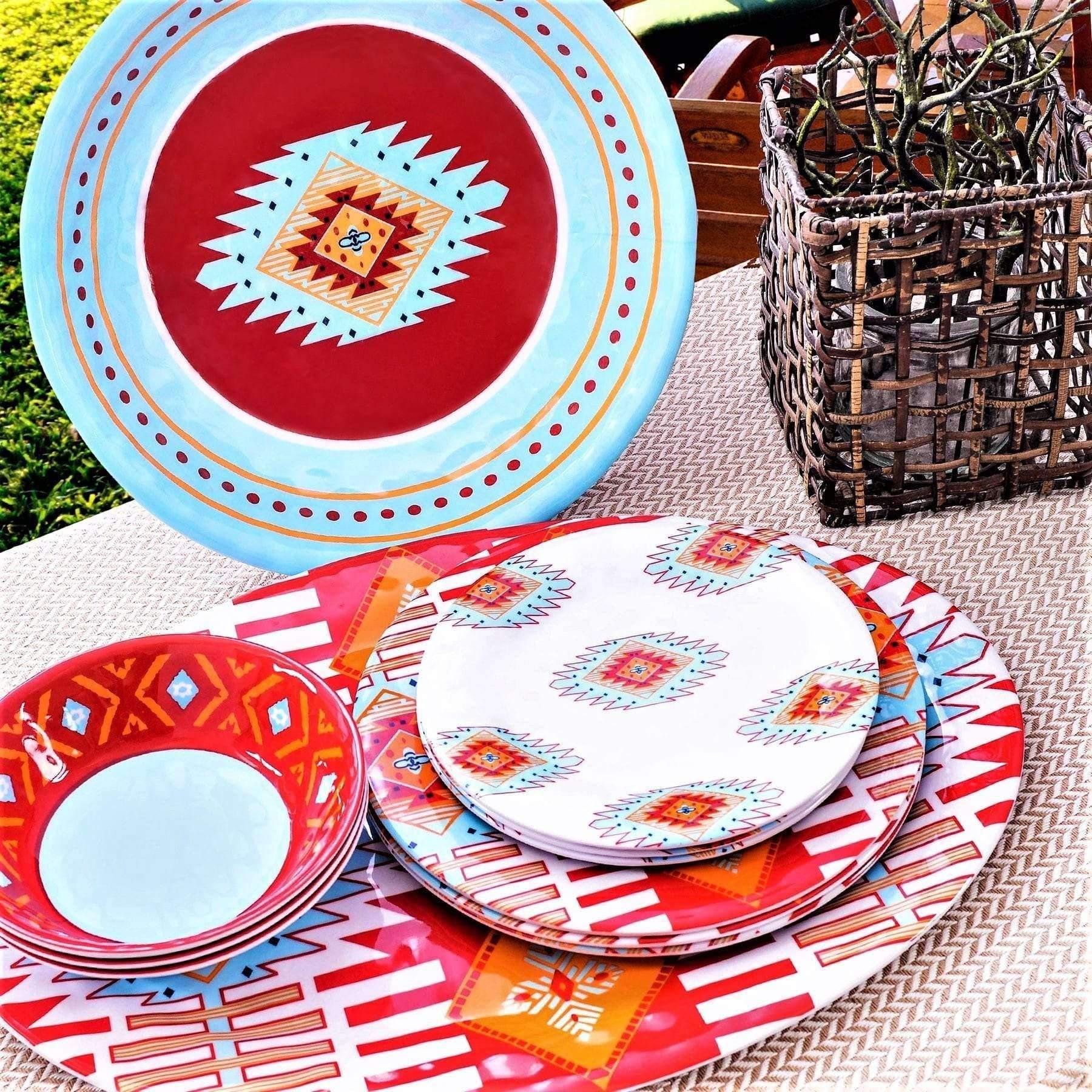 Southwestern Melamine Dinnerware Set - 14-Piece Colorful Dish Set for Outdoor Dining, Picnics & Camping - Durable & Lightweight Plates, Bowls & Mugs