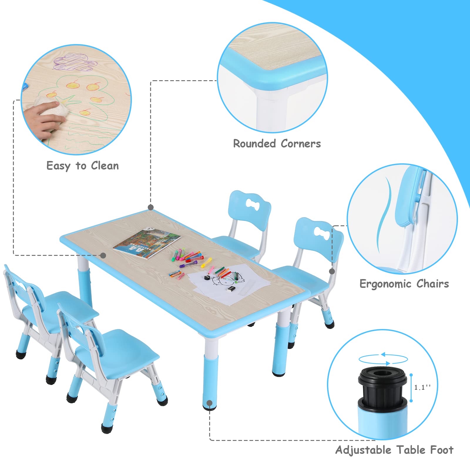 Arlopu Adjustable Height Kids Table and 4 Chairs Set - Non-Slip Toddler Activity Table with Graffiti-Proof Surface - Blue Children's Furniture for Reading, Drawing, Daycare & Home Classroom Use