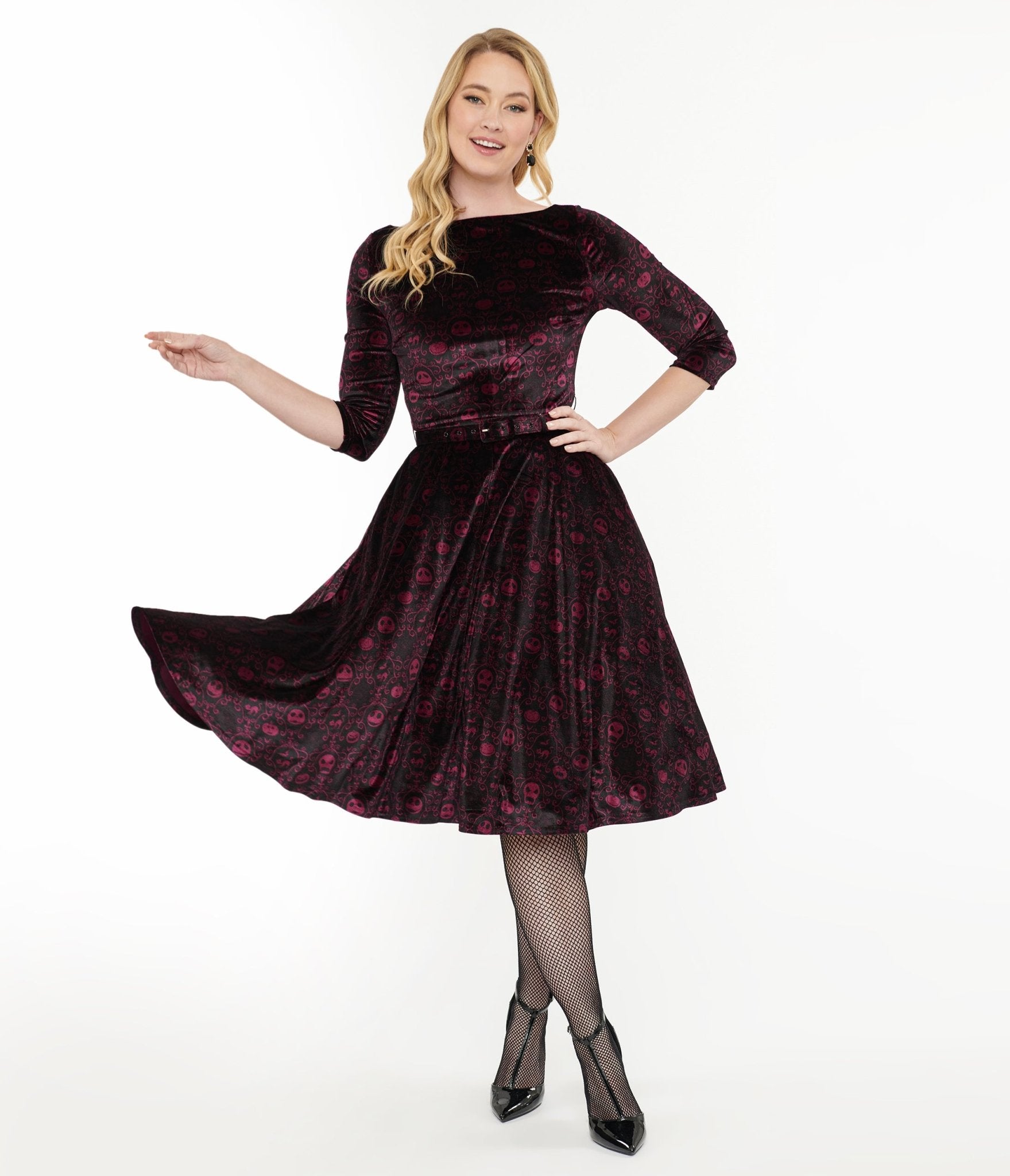 Unique Vintage Eggplant Baroque Jack Skellington Devon Swing Dress - Tim Burton's The Nightmare Before Christmas Inspired Costume | Perfect for Halloween, Cosplay, and Themed Parties