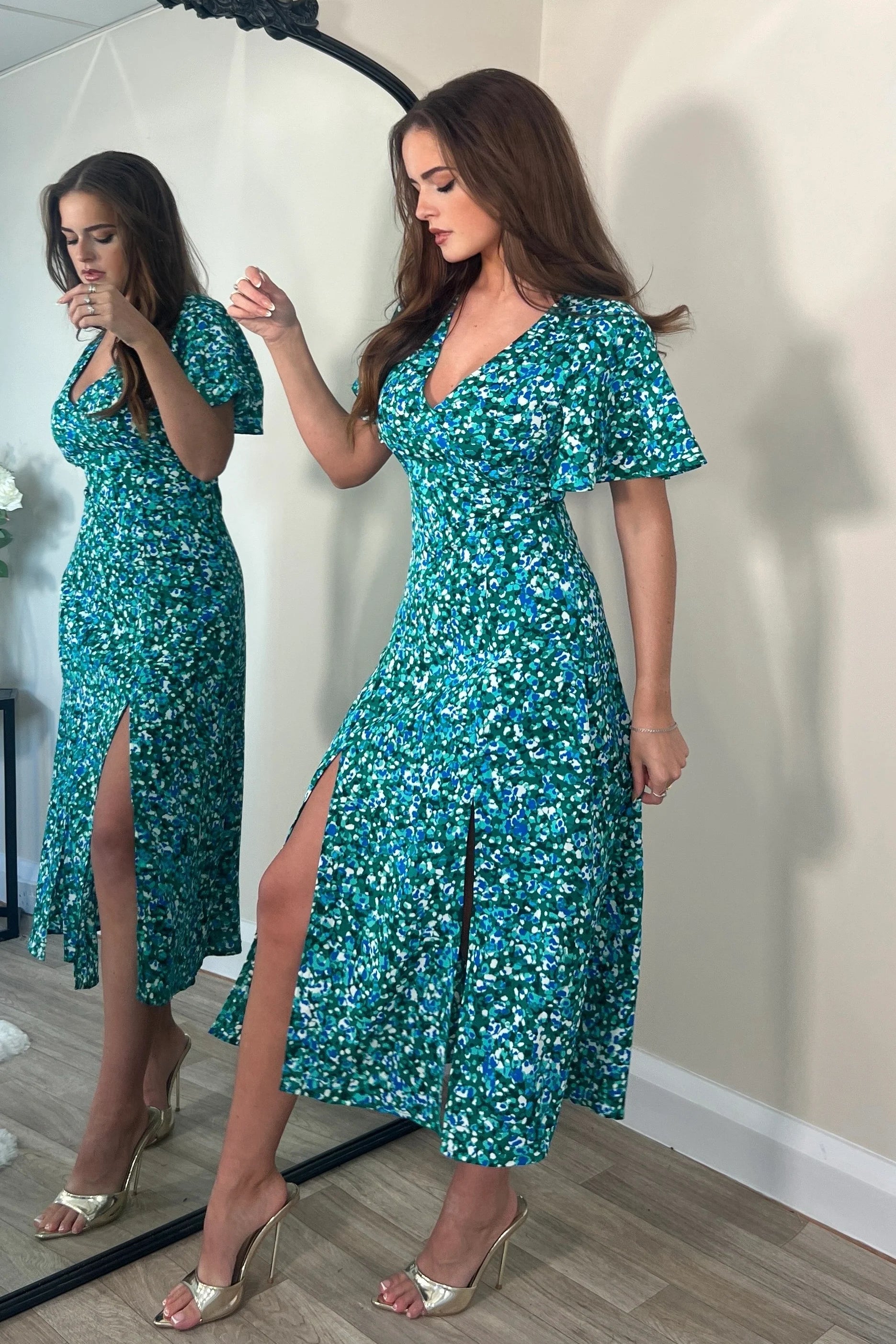 LEVI ANGEL SLEEVE SPLIT LEG MIDI DRESS - Women's Floral Print Summer Dress with Slit Design (Green) | Perfect for Beach Vacation, Date Night & Casual Outings