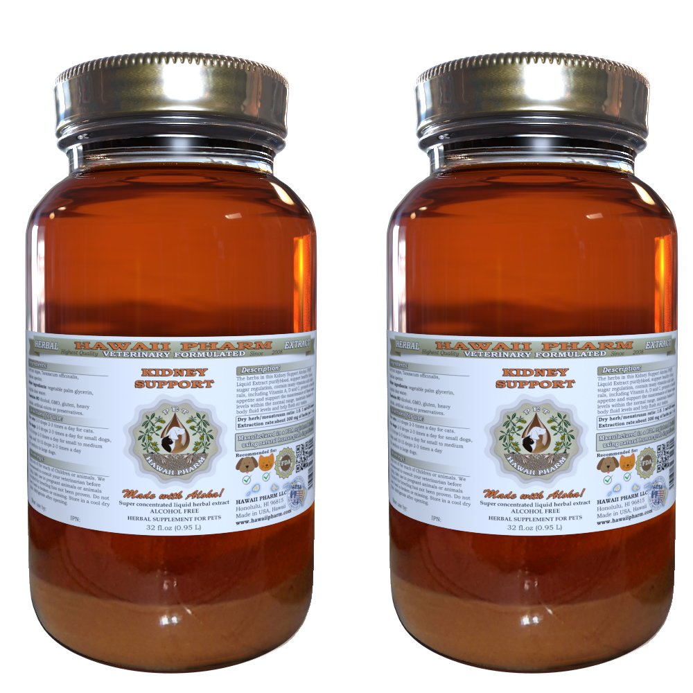 HawaiiPharm Kidney Support for Dogs & Cats - Alcohol-Free Herbal Liquid Extract - Natural Pet Supplement for Kidney Health - 2 x 32 oz Bottles - Supports Urinary Tract & Detox - Ideal for Senior Pets & Kidney Care Maintenance