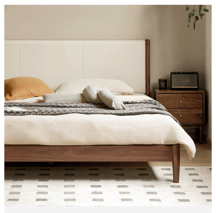 Premium Black Walnut Solid Wood King Size Bed with Genuine Top Grain Cowhide Leather Upholstery - Perfect for Master Bedroom, Guest Room & Luxury Home Decor