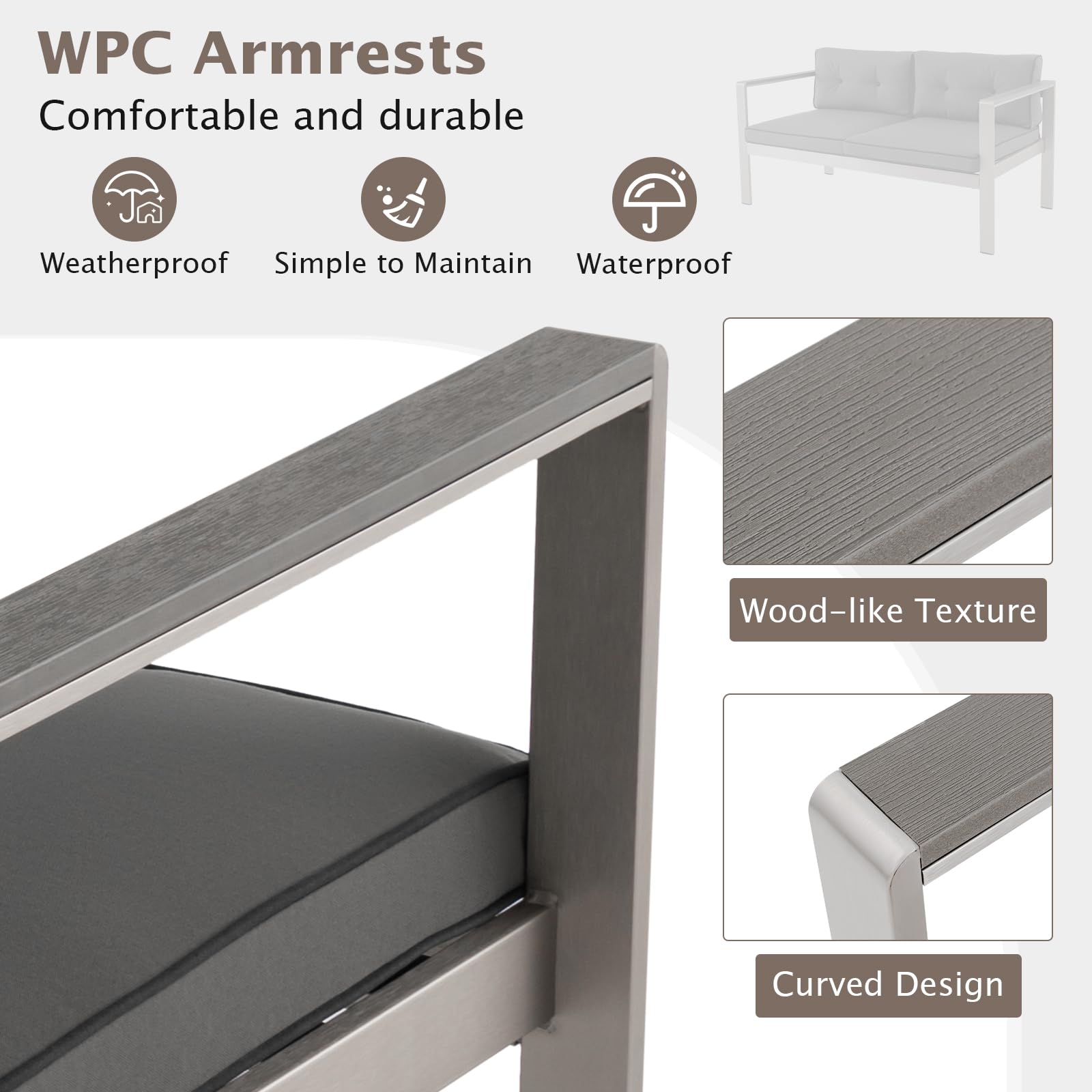 Tangkula Patio Aluminum Loveseat Sofa - Modern 2-Person Outdoor Wicker Chair with WPC Armrests & Comfortable Cushions, Contemporary Balcony Furniture for Backyard, Garden, Deck, Porch (Gray) - Perfect for Relaxing, Entertaining Guests, and Outdoor Lounging