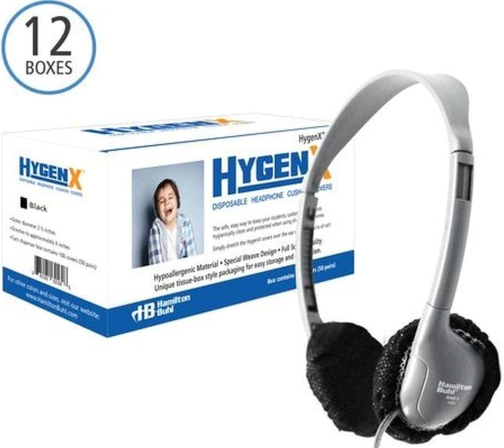 Hamilton Buhl Disposable Ear Cushion Covers - Black, 2.5 Inch Personal Size, 12 Boxes (Master Carton) - Hygienic Replacement for Headphones & Headsets - Perfect for Schools, Gyms, Offices and Shared Audio Equipment