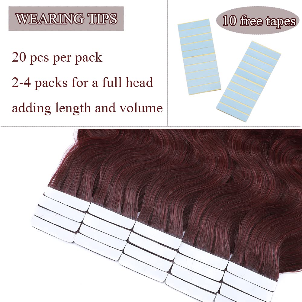 20pcs 40g Tape in Hair Extensions 100% Remy Human Hair - Balayage Wine Red Seamless Curly Wavy 14 Inch Double Sided | Perfect for Parties, Weddings & Daily Styling