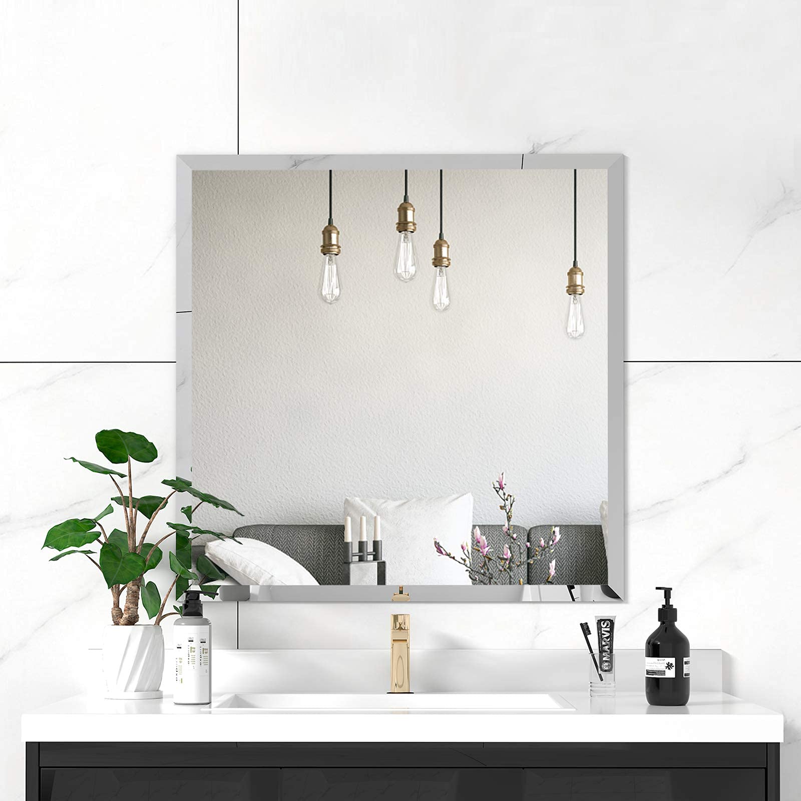 KOHROS 24x24 Inch Frameless Square Vanity Mirror - Anti-Rust Tempered Glass Bathroom Wall Mirror with Pencil Polished Edge, Horizontal or Vertical Mounting - Perfect for Makeup, Shaving & Home Decor
