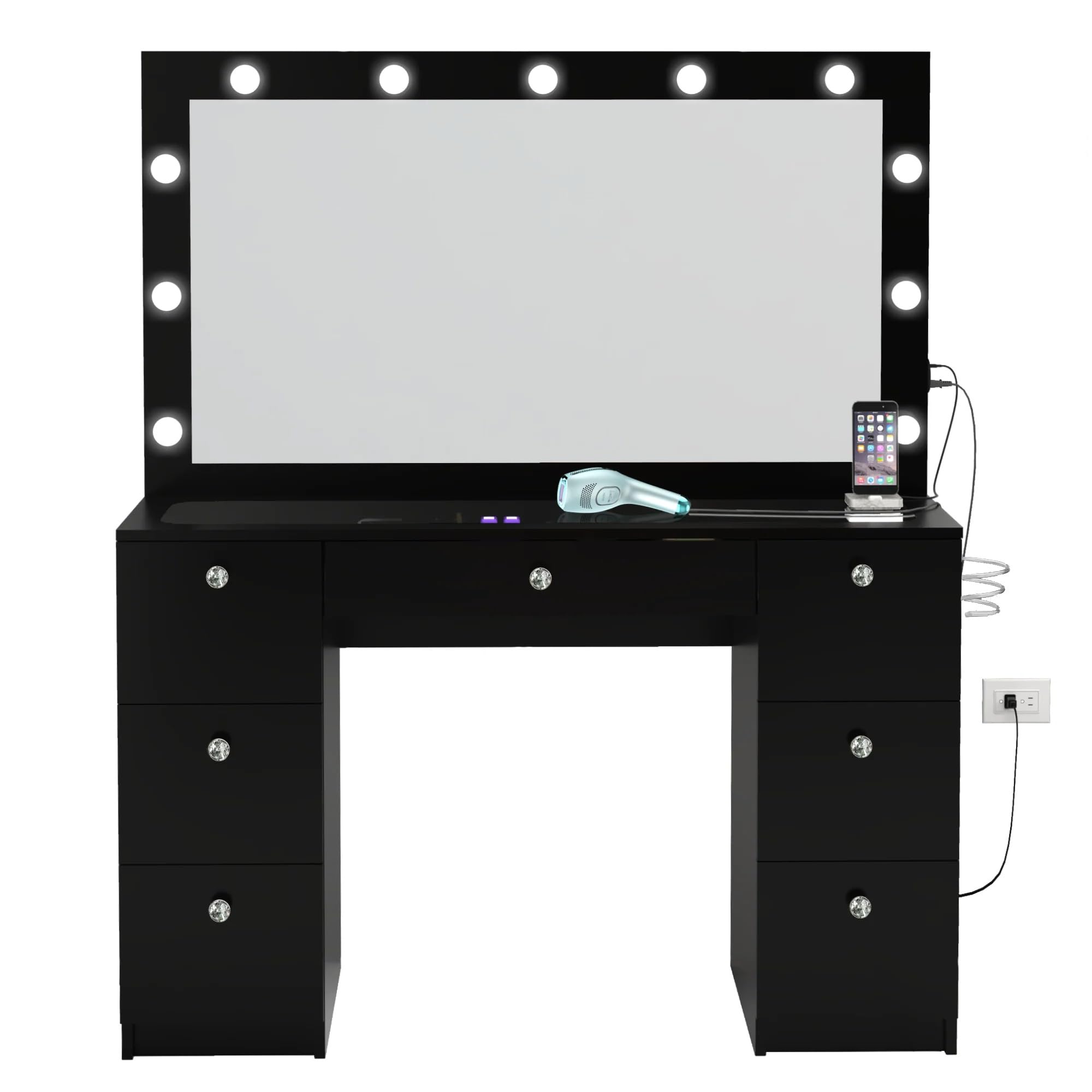 Boahaus Yara Large Makeup Vanity Desk with Hollywood Lights & 7 Drawers - USB Type-C/A Ports, 110V Outlet, Hair Dryer Hanger - Glass Top & Crystal Knobs - Black Finish for Bedroom, Dressing Room & Beauty Salon