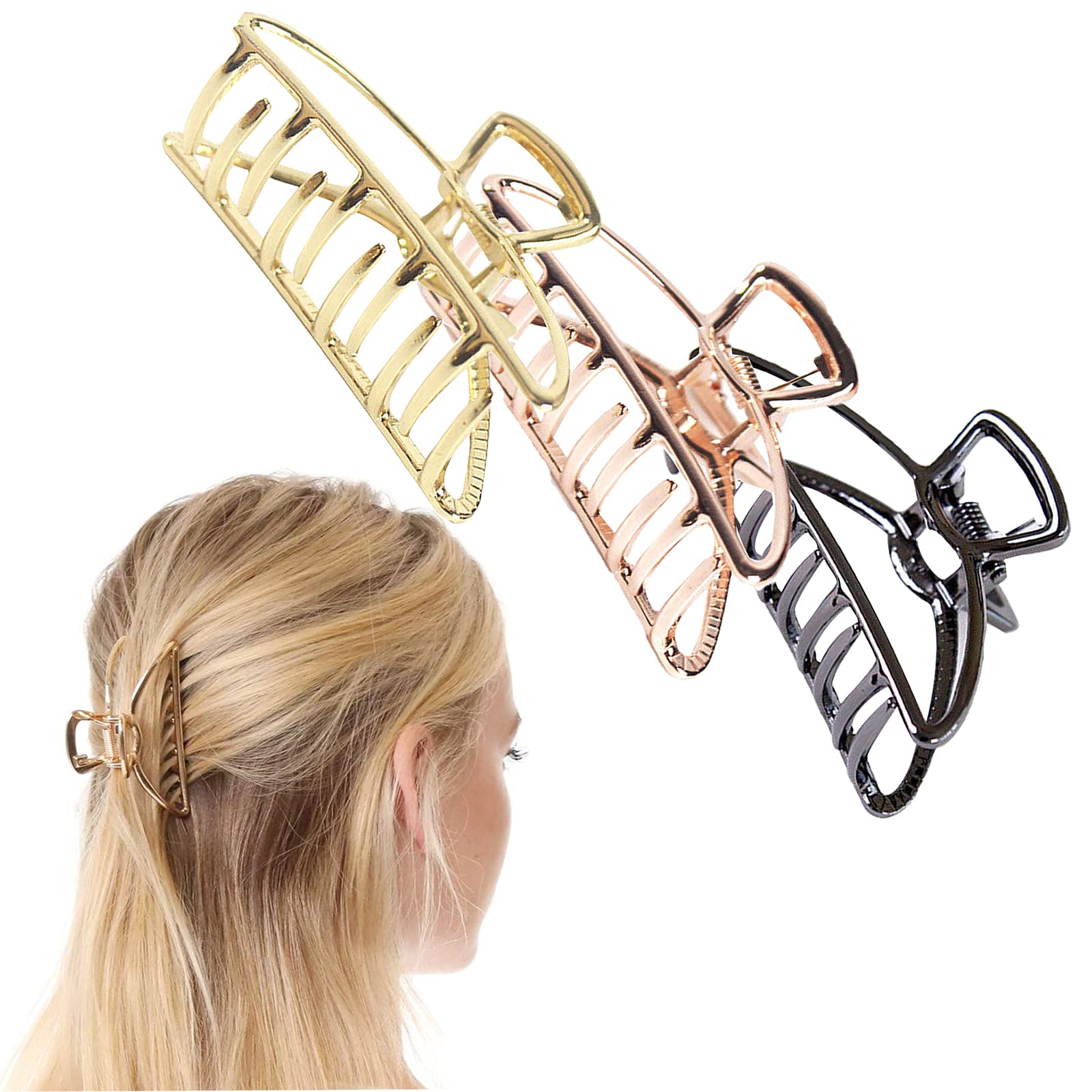 CAILI 3-Piece Hair Claw Clips Set - Crescent Hair Clips, Metal Hair Clamps, Vintage Hair Accessories for Women (Gold, Black, Rose Gold) - Strong Hold for Thick Hair, Perfect for Shower, Workout & Everyday Styling