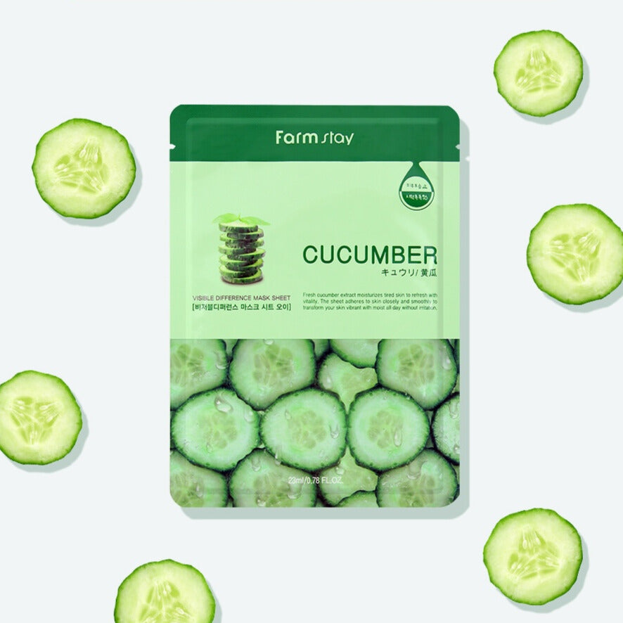 Farmstay Visible Difference Cucumber Mask Sheet - Hydrating & Soothing Facial Sheet Mask (10 Pack) - Korean Skincare for Dry Skin - Perfect for Spa Day & Self Care Routine