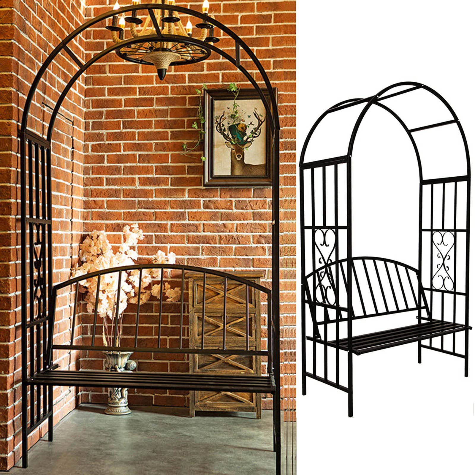 SYLJ Rose Garden Arch with Bench - Outdoor Garden Arbor for Climbing Plants, Rose Trellis & Pergola - 2-Seater Decorative Garden Chair for Wedding, Backyard, Patio & Vineyard Decor
