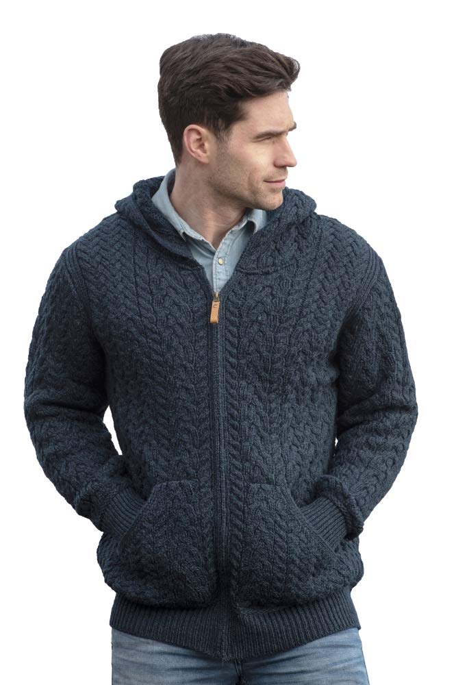 Aran Crafts Men's Irish Cable Knit Zip-Up Hooded Cardigan - 100% Merino Wool Sweater for Winter Warmth & Outdoor Activities | Cozy Fall & Winter Wear for Hiking, Camping & Casual Outings