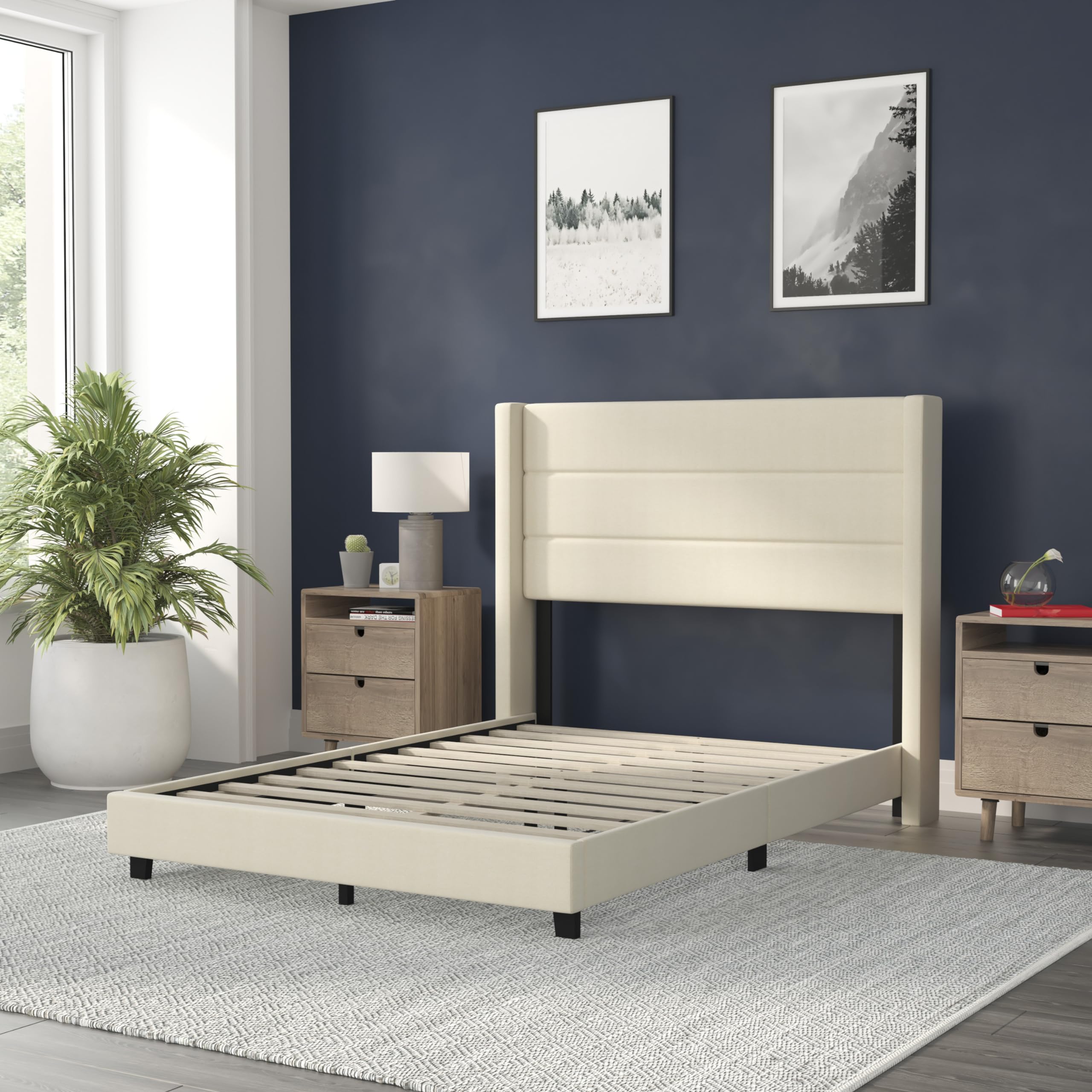 Quinn Upholstered Platform Bed Frame - Full Size with Beige Faux Linen Wingback Headboard & Slatted Mattress Support - No Box Spring Needed - Perfect for Modern Bedrooms & Guest Rooms