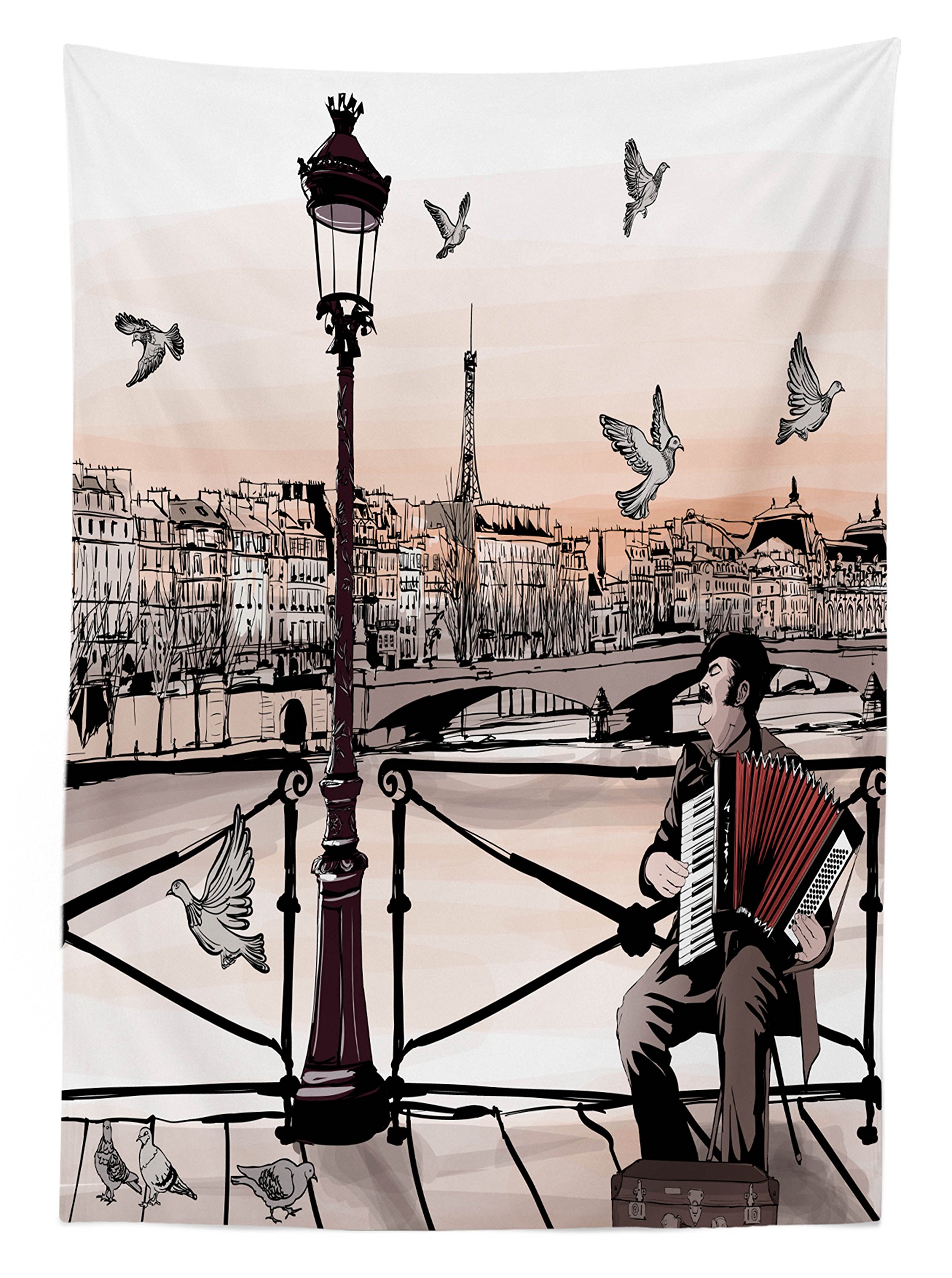 Ambesonne Music Themed Outdoor Tablecloth - Accordionist Playing Paris Street Scene, European City Panorama Design, Washable Picnic Table Cover 58