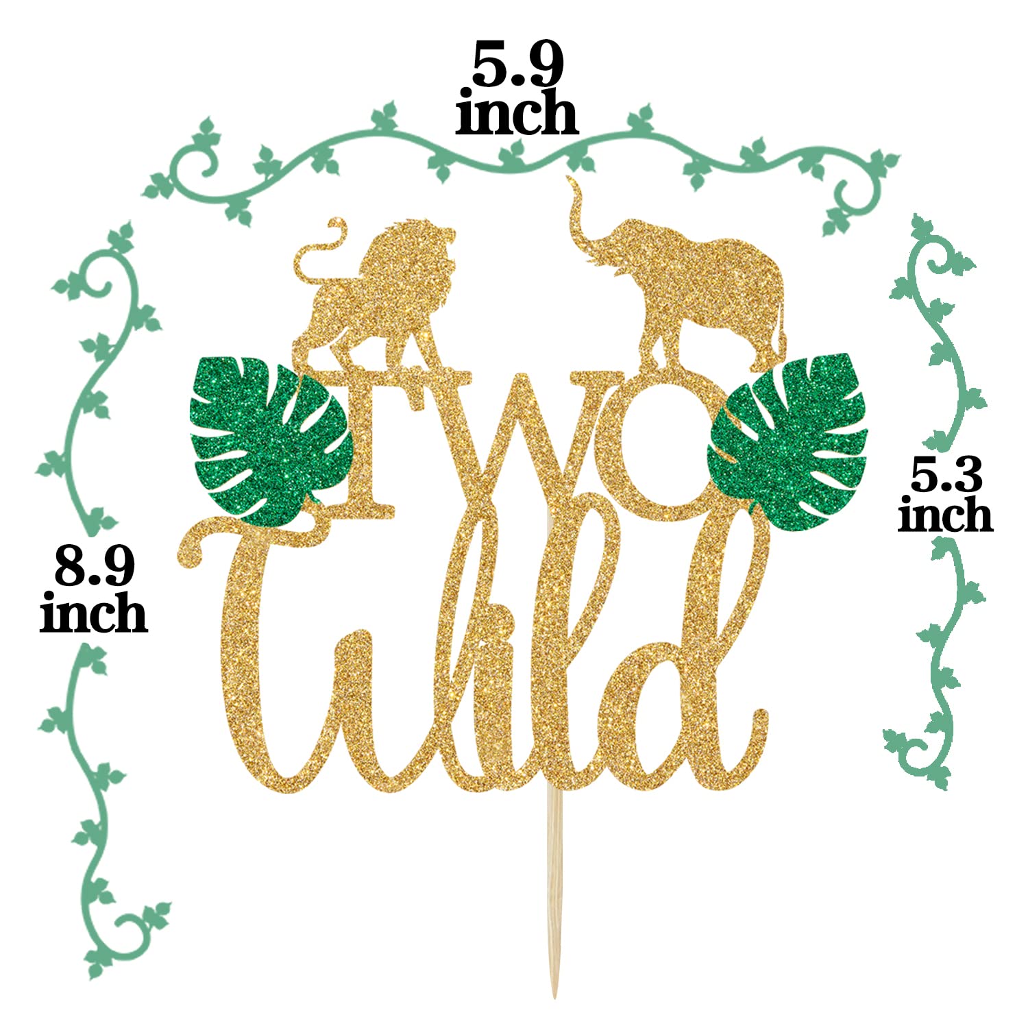 Gold Glitter 'Born Two Be Wild' Cake Topper - Jungle Animal Themed 2nd Birthday Party Decorations | Happy 2nd Birthday Cake Decor for Wild One Celebrations, Baby Showers & Safari Theme Parties