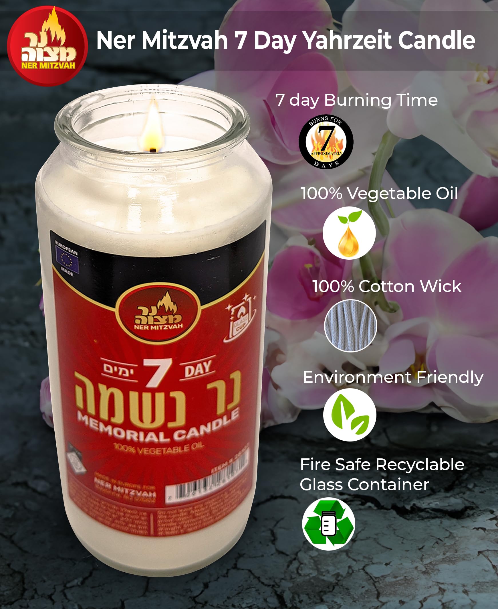 7 Day Yahrzeit Candle - Kosher White Memorial Candles (3-Pack) for Yom Kippur & Jewish Holidays - 100% Vegetable Wax Prayer Candle in Glass Jar - Perfect for Synagogue, Home Memorials & Religious Ceremonies