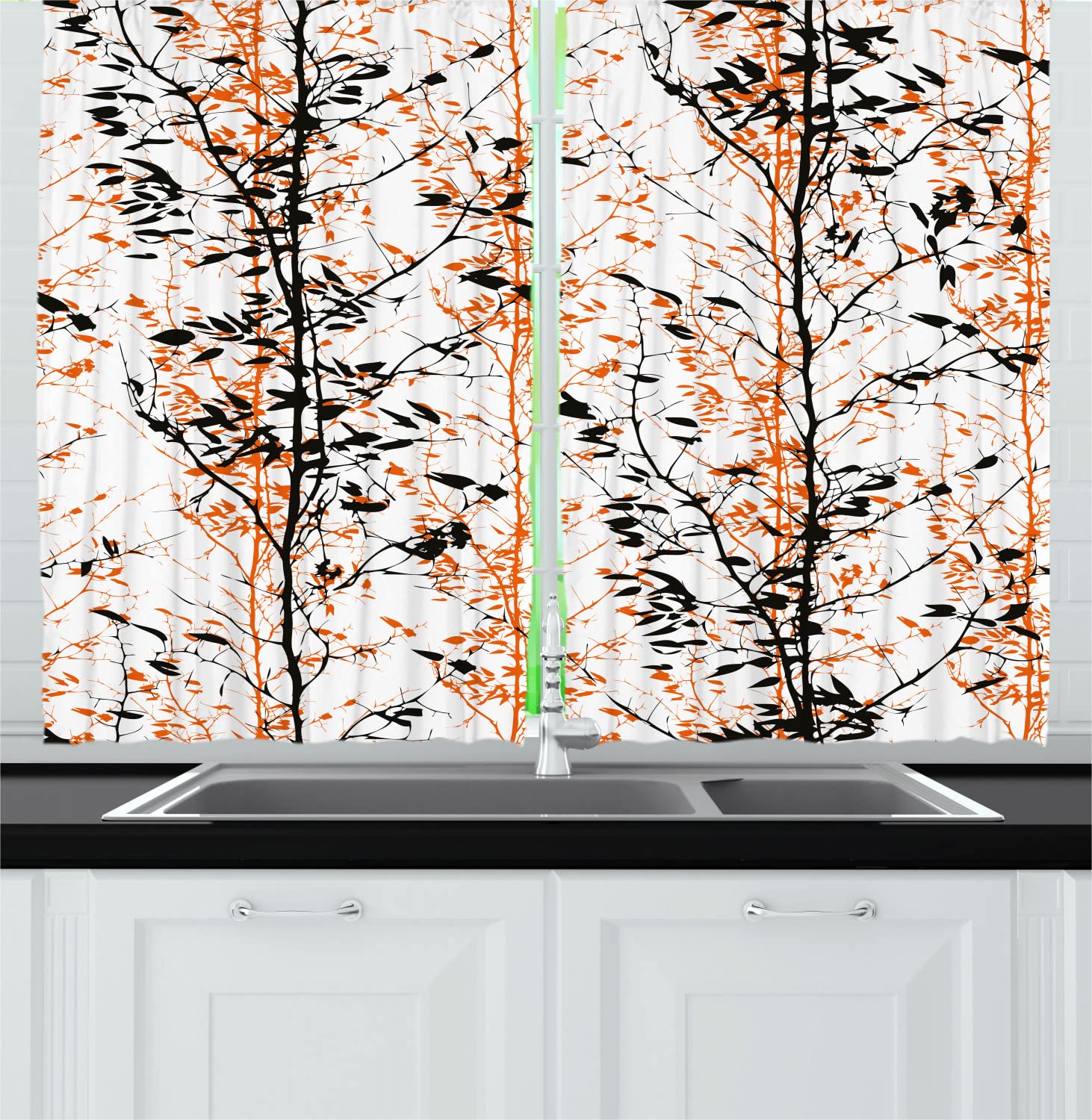 Ambesonne Modern Long Kitchen Curtains - Forest Trees Silhouette Hand-Drawn Print Blackout Drapes, 55
