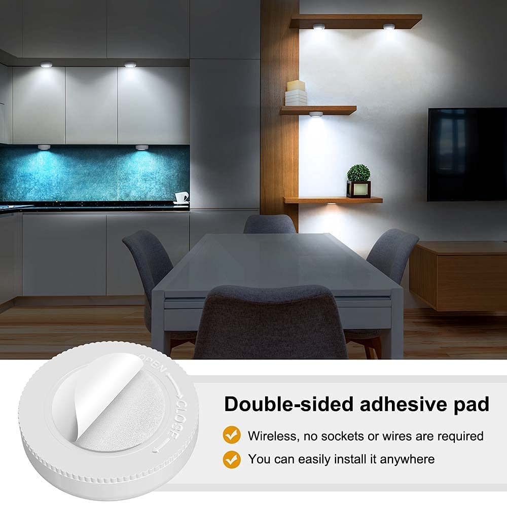 8 Pack LED Puck Lights - Battery Operated Wireless Under Cabinet Lighting for Kitchen, Closet, RV, Shelf | Tap & Push Button Design | Perfect for Countertops, Sheds, Attics & Dark Spaces