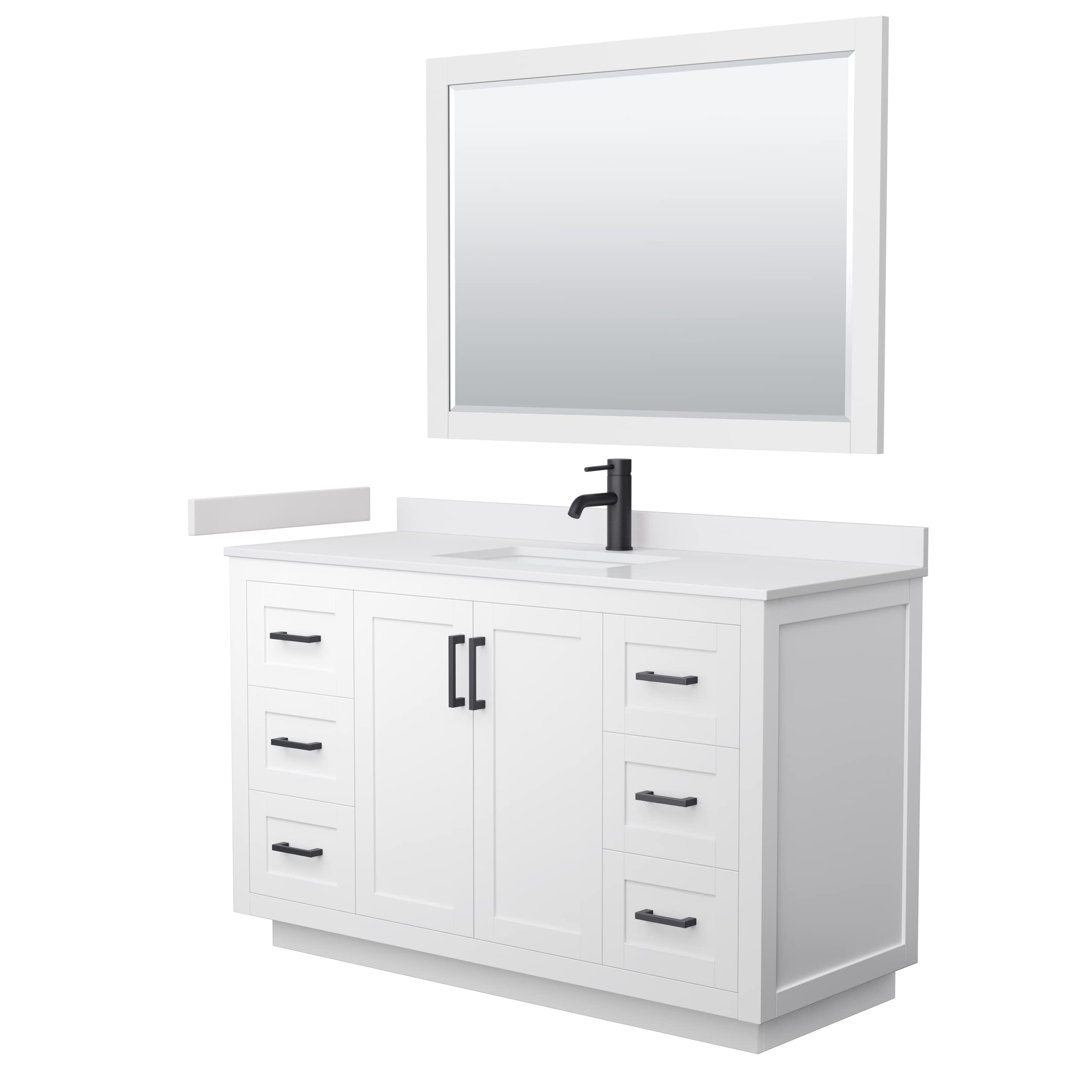Wyndham Collection Miranda 54 Inch White Bathroom Vanity with White Cultured Marble Countertop, Undermount Square Sink & Matte Black Trim - Includes 46 Inch Mirror for Modern Bathroom Remodeling & Home Upgrade