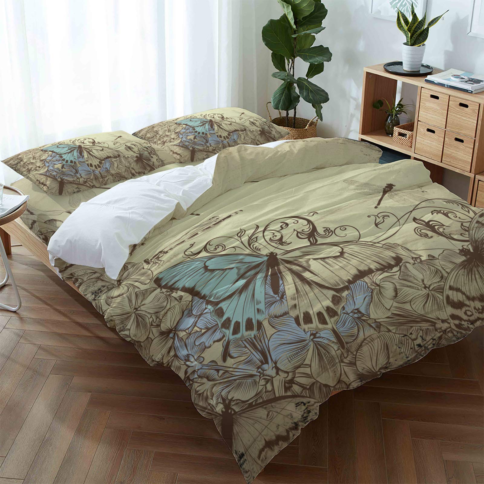4 Piece King Size Duvet Cover Set - Abstract Butterfly & Dragonfly Design on Rustic Wood Grain, Luxury Soft Bedding Comforter Cover with 1 Duvet Cover, 1 Fitted Sheet & 2 Pillowcases - Perfect for Master Bedroom, Guest Room & Bohemian Home Decor