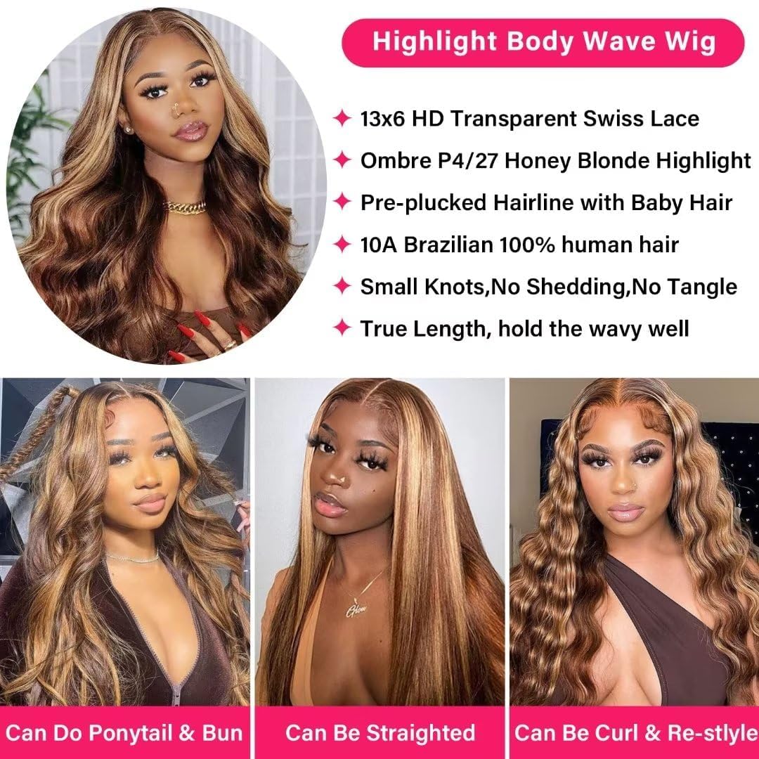 IDHERE 26inch Honey Blonde Lace Front Human Hair Wig - 4/27 Colored Ombre Highlights, 13x6 HD Transparent Lace, 180 Density Balayage Wig for Women | Perfect for Daily Wear, Cosplay & Special Occasions