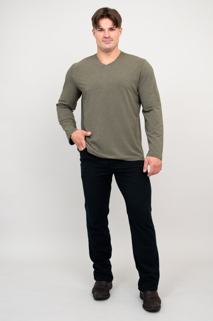 Adam Men's Long Sleeve Shirt - Yarn Dyed Khaki Bamboo Fabric - Comfortable Casual Wear for Office, Travel & Outdoor Activities