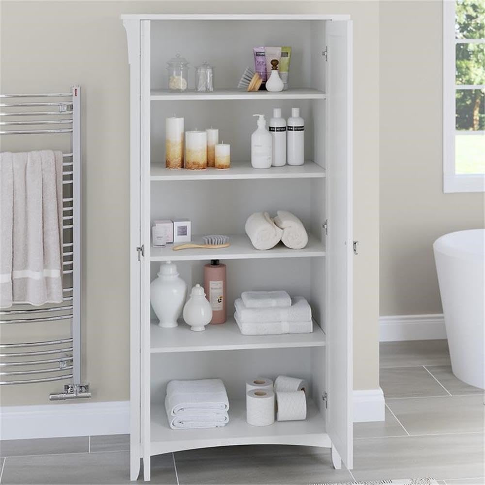 Pemberly Row White Transitional Bathroom Storage Cabinet with Doors - Perfect for Bathroom Organization, Linen Closet & Small Space Storage
