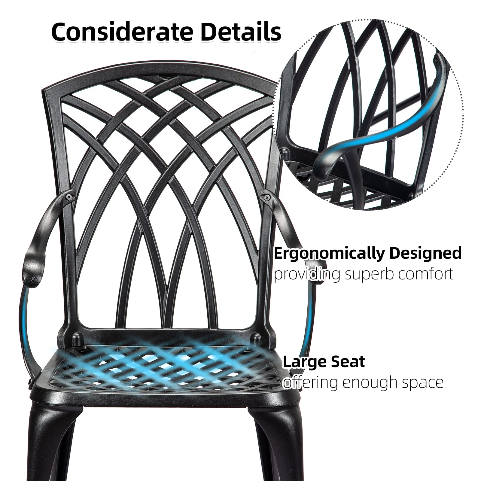3 Piece Bistro Set - Durable Cast Aluminum Outdoor Table and Chairs with Umbrella Hole - Weather-Resistant Patio Furniture for Balcony, Backyard, Garden - Perfect for Outdoor Dining, Coffee Break and Relaxing (Black)
