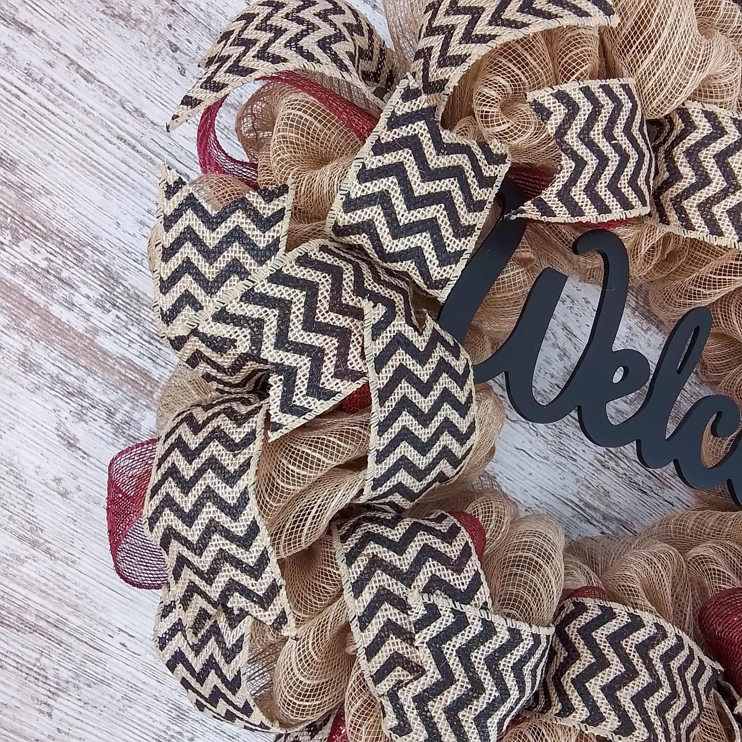 Jute Burlap Welcome Wreath with Maroon Chevron Letter Initial - Elegant Home Decor for Front Door, Wedding, Christmas & Seasonal Decorations