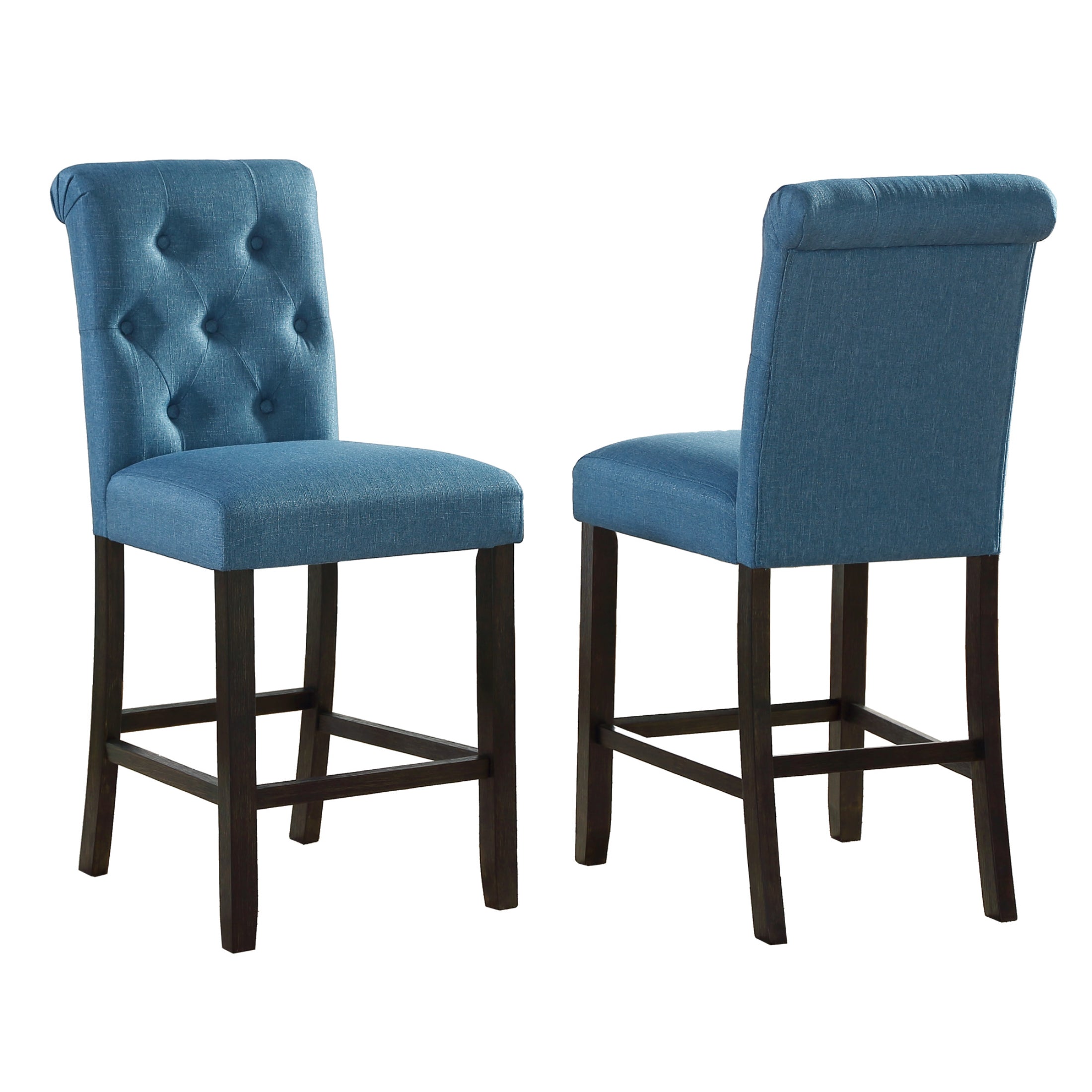 Roundhill Furniture Leviton Solid Wood Tufted Bar Stools, Set of 2 - Blue Upholstered Counter Height Stools for Kitchen Island, Breakfast Bar & Home Decor