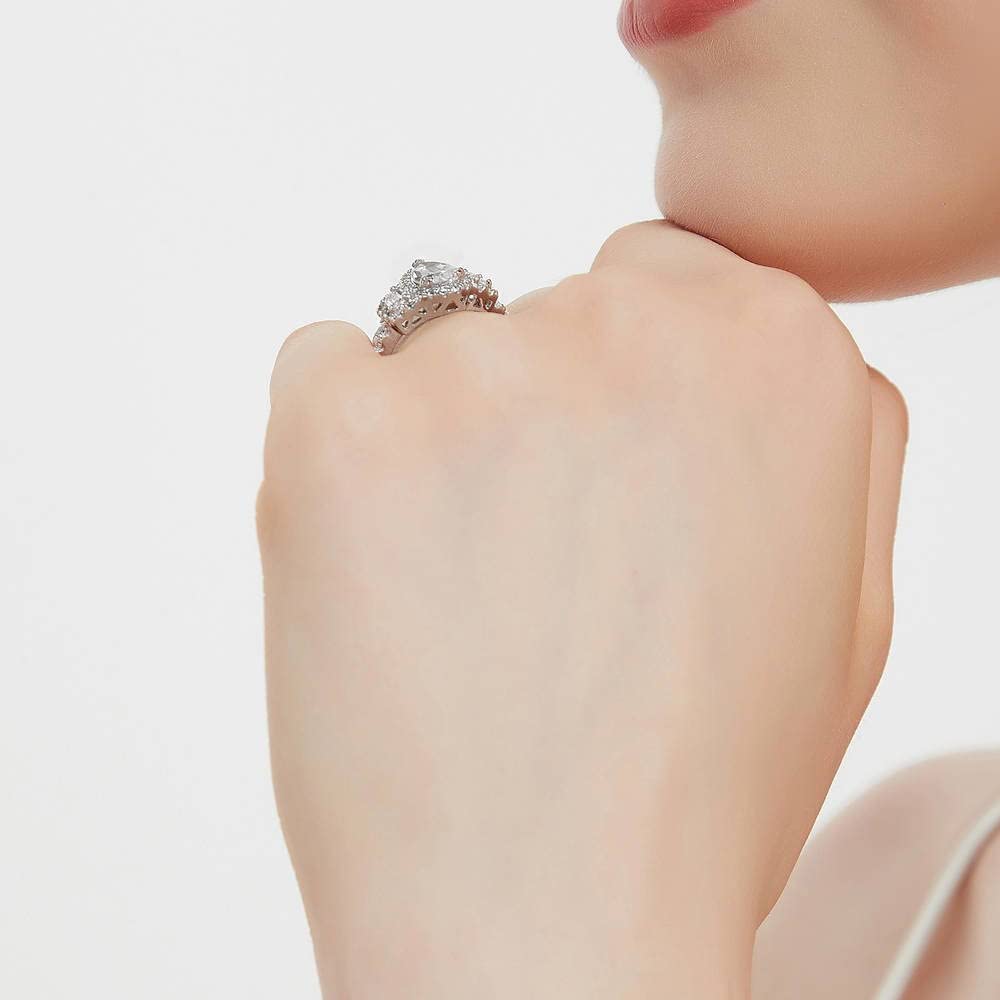 BERRICLE Sterling Silver 3-Stone Pear Cut Cubic Zirconia Engagement Ring for Women - 1.3 Carat CZ Halo Wedding Ring, Rhodium Plated Size 4-10 - Perfect for Proposals, Anniversaries & Special Occasions