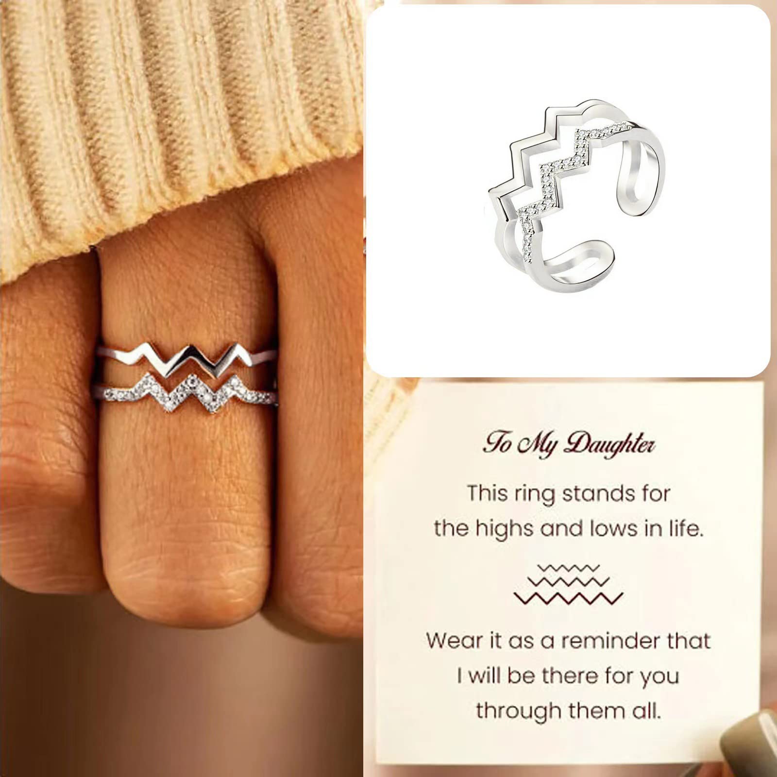 To My Daughter Ring - Highs and Lows Zircon Double Wave Mother Daughter Rings, Trendy Birthday & Valentine's Gifts 2025, Perfect for Special Occasions and Everyday Wear