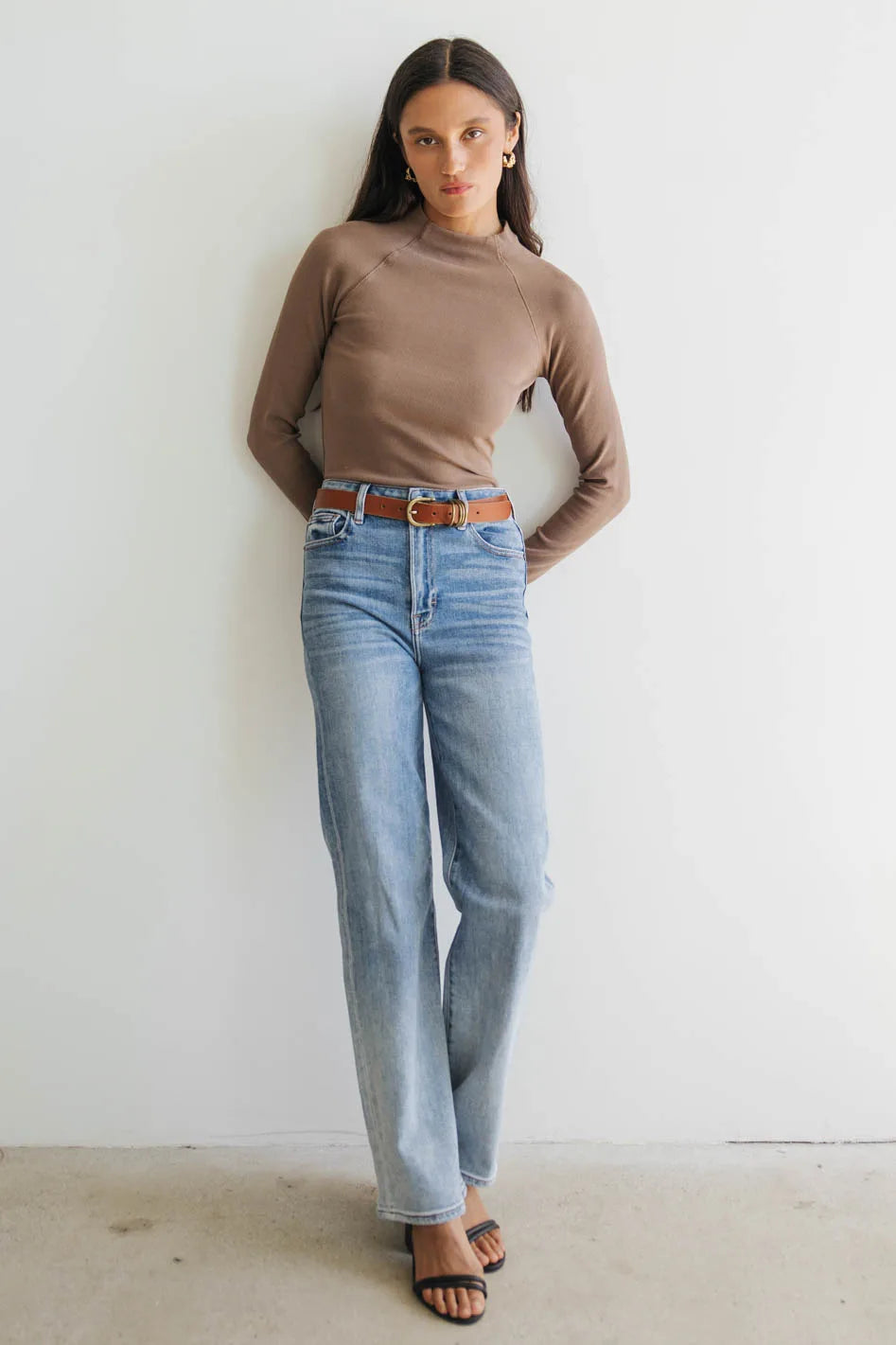Amaya Mock Neck Top for Women - Soft Stretch Mocha Brown Long Sleeve Shirt | Perfect for Work, Date Night & Casual Outfits