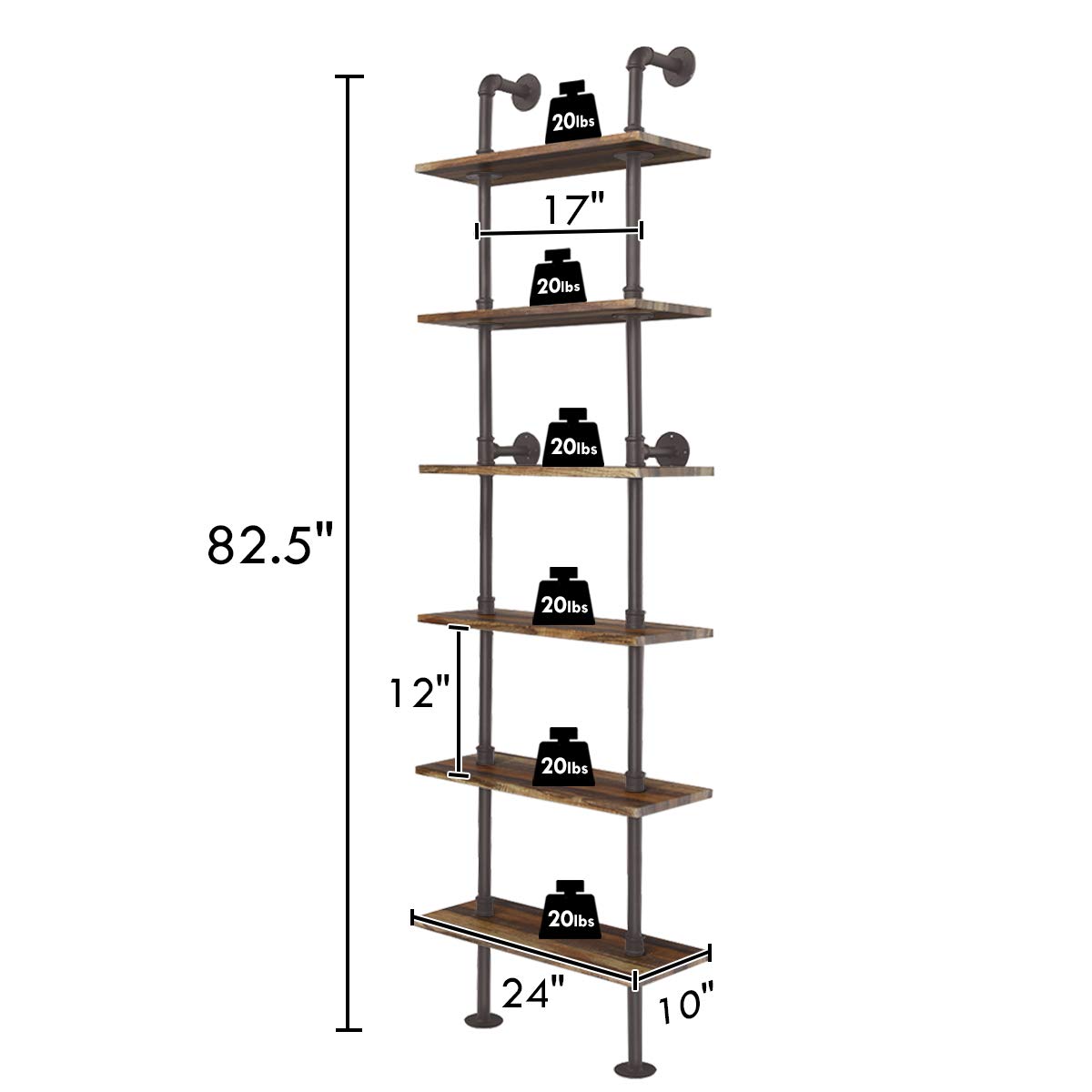 Giantex 6-Tier Industrial Pipe Shelf - Rustic Wood Wall Mounted Ladder Bookshelf for Living Room, Bedroom & Small Spaces | Easy to Install Farmhouse Decor for Apartments & Home Organization