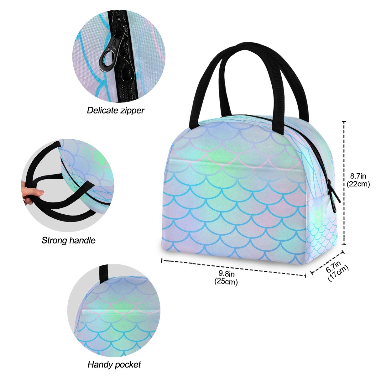 Blueangle Insulated Mermaid Lunch Bags for Women - Leakproof Cooler Tote in Blue, Yellow & Pink | Cute Lunch Box for Work, School & Beach Picnics
