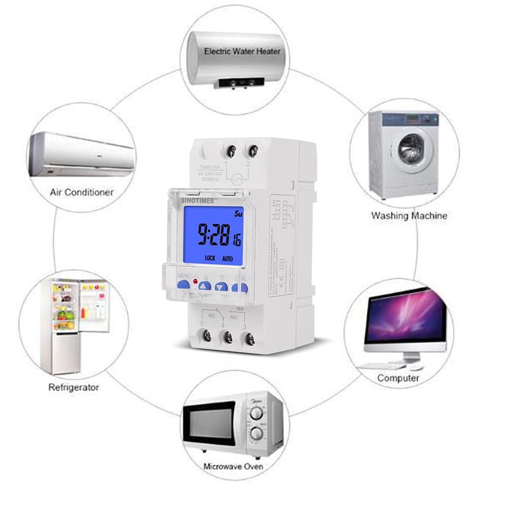 TM928SAKL Rail Timer with Backlight - Large Screen Display, 85-265V 16A, 1 Second Min Interval, 7-Day Programmable DIN Rail Timer for Home Automation & Industrial Control