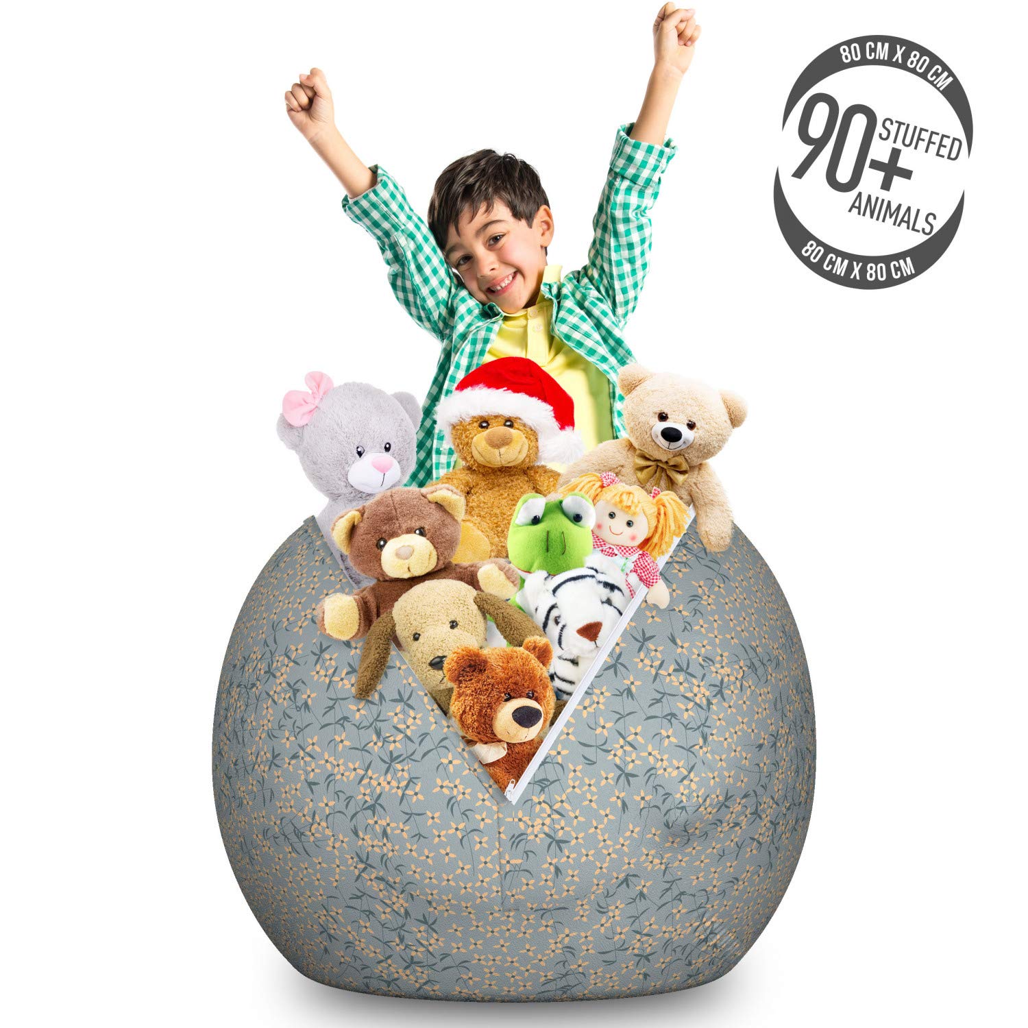 Ambesonne Floral Storage Toy Bag Chair - Large Washable Stuffed Animal Organizer with Flowers and Leaves Design, Dimgray Multicolor - Perfect for Kids' Room, Playroom, and Nursery Organization