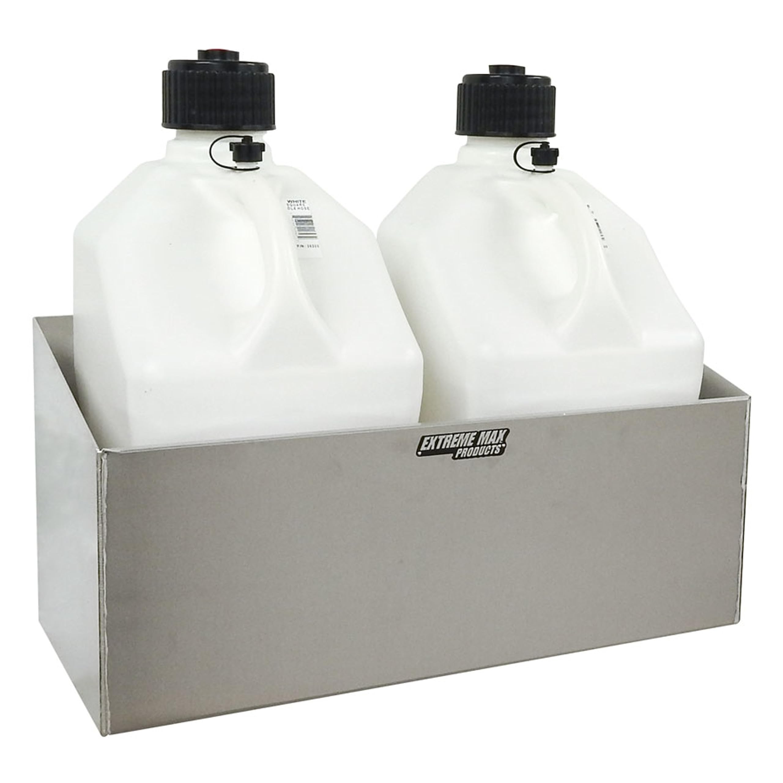 Extreme Max 5001.6044 Aluminum Dual Fuel Jug Holder - Heavy Duty 2 x 5 Gallon Container Organizer for Gas & Diesel - Perfect for Race Trailers, Workshops, Garages & Storage Areas - Durable Silver Finish
