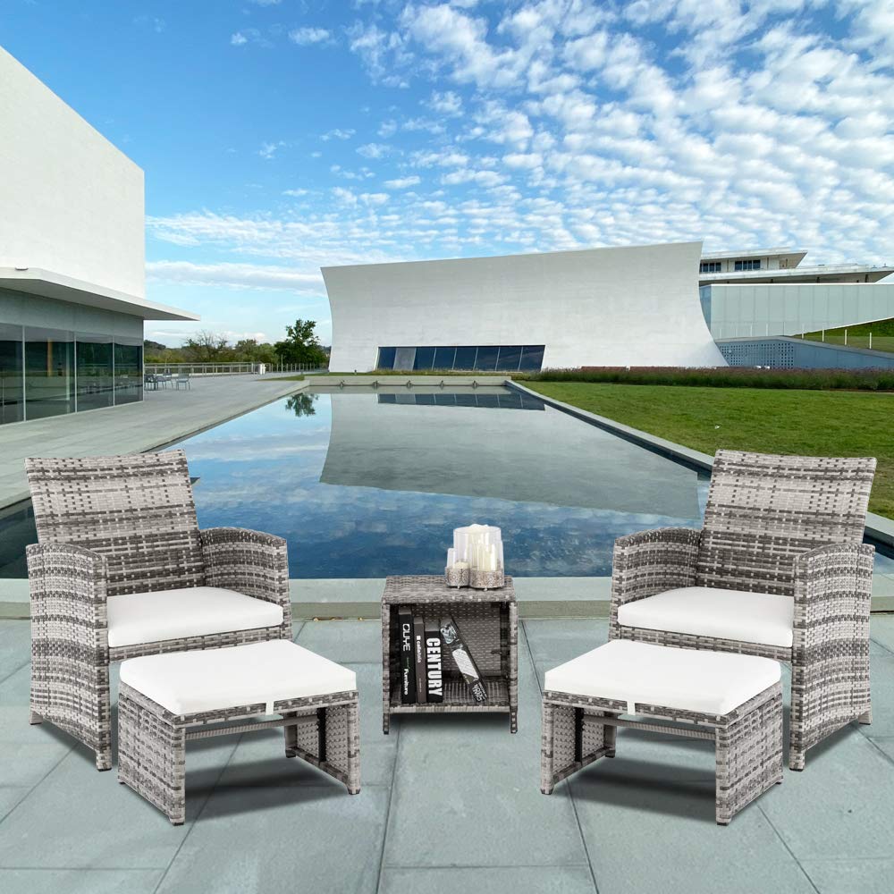 5-Piece Wicker Patio Furniture Set - All-Weather Rattan Outdoor Sofa with Cushions, Ottoman & Coffee Table - Perfect for Lawn, Poolside, Balcony & Backyard Conversations (Beige)
