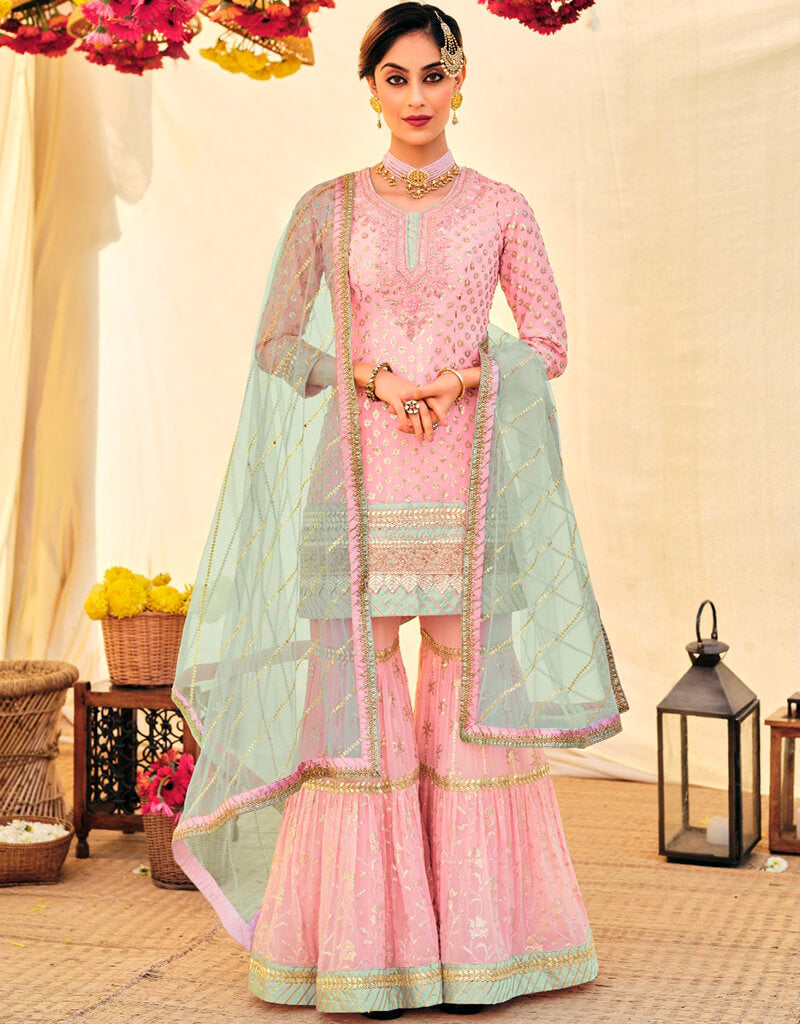 Baby Pink Sharara Style Suit - Semi Stitched Pakistani Wedding Outfit for Women | Perfect for Bridal Shower, Mehndi & Festive Occasions