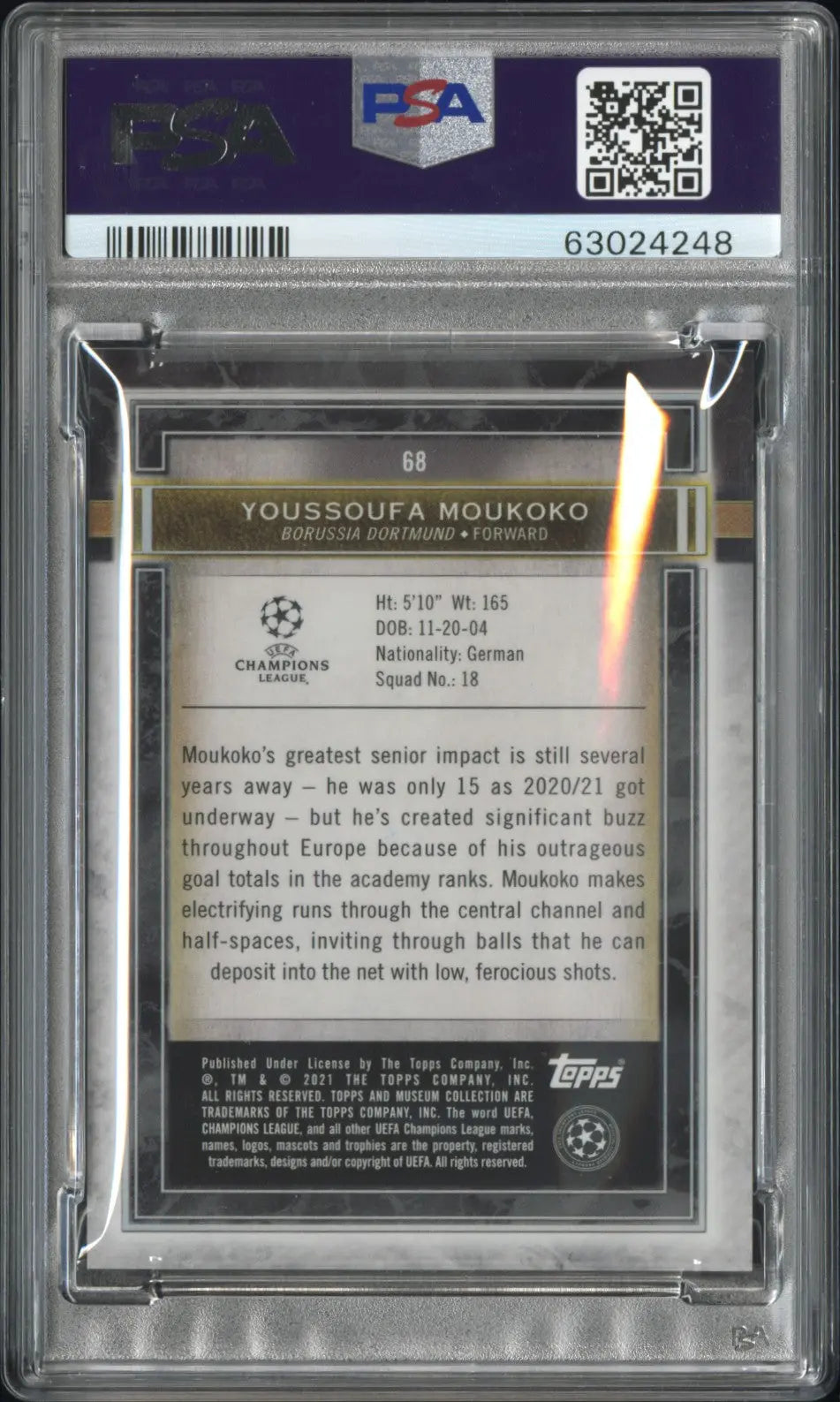 2020 Topps Museum Collection UEFA Champions League PSA 10 Youssoufa Moukoko Rookie Card Gold Parallel 25/50 #68 - Rare Football Trading Card for Collectors & Investors