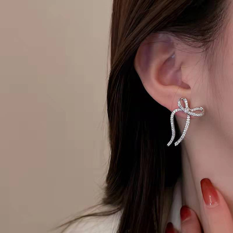 Sparkly Ribbon Bow Irregular Ear Jacket Earrings for Women - Trendy Dangle Drop Earrings for Parties, Weddings & Special Occasions | A8208